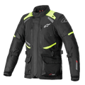 Alpinestars Andes V3 Drystar Jacket, Motorcycle Touring Jacket, Black with Fluorescent Yellow accents, featuring zippered chest vents, large front cargo pockets, adjustable waist straps, and Alpinestars branding, technical waterproof adventure gear