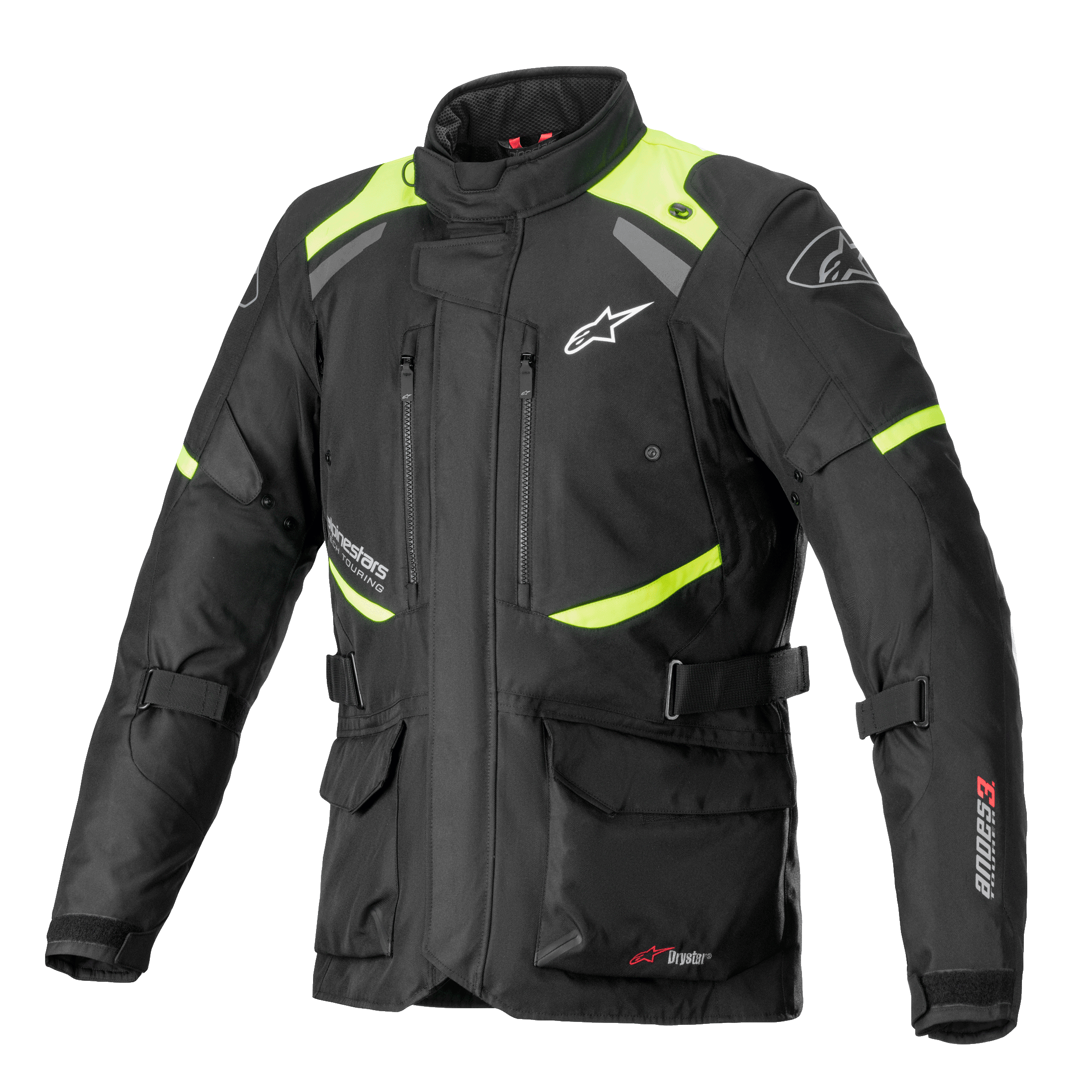 Alpinestars Andes V3 Drystar Jacket, Motorcycle Touring Jacket, Black with Fluorescent Yellow accents, featuring zippered chest vents, large front cargo pockets, adjustable waist straps, and Alpinestars branding, technical waterproof adventure gear