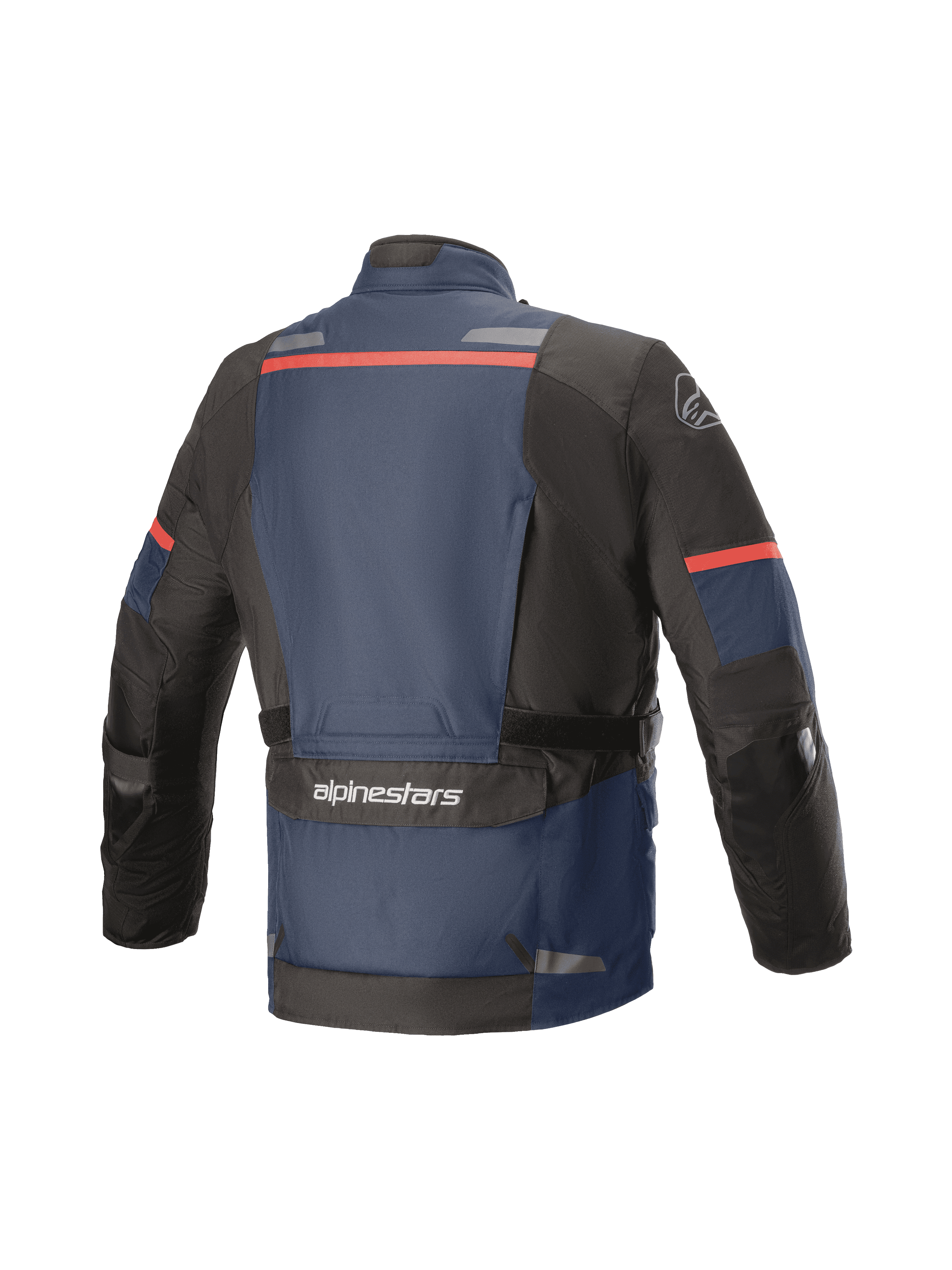 Alpinestars Andes V3 Drystar® Jacket, Adventure Touring Motorcycle Jacket, Rear View, Dark Blue and Black with Red accents, featuring a large lower back utility pocket with Alpinestars branding, reflective strips on the upper back, and reinforced elbow sections.