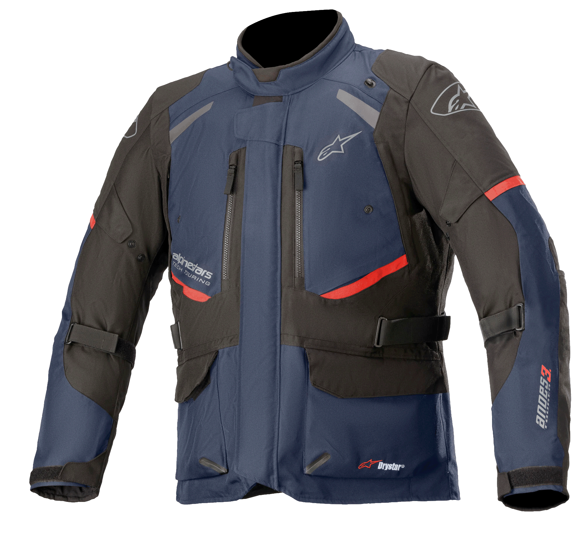 Alpinestars Andes V3 Drystar jakke, motorcykelturingjakke, mørkeblå og sort med røde detaljer, set forfra med brystventilation med lynlås, justerbare taljeremme og høj krave, vandtæt tekstilkonstruktion til adventure-kørsel