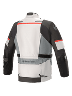 Alpinestars Andes V3 Drystar® Jacket, Ice Gray and Dark Gray with red accents, back view featuring a large utility pocket on the lower back, adjustable waist straps, and reflective detailing on the shoulders and hem.