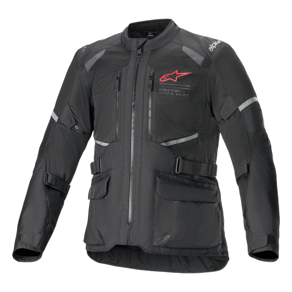Alpinestars Andes Air Drystar Jacket, Black Adventure Touring Motorcycle Jacket, front view, featuring extensive mesh ventilation panels, a red Alpinestars logo on the chest, reflective accents, and front cargo pockets.