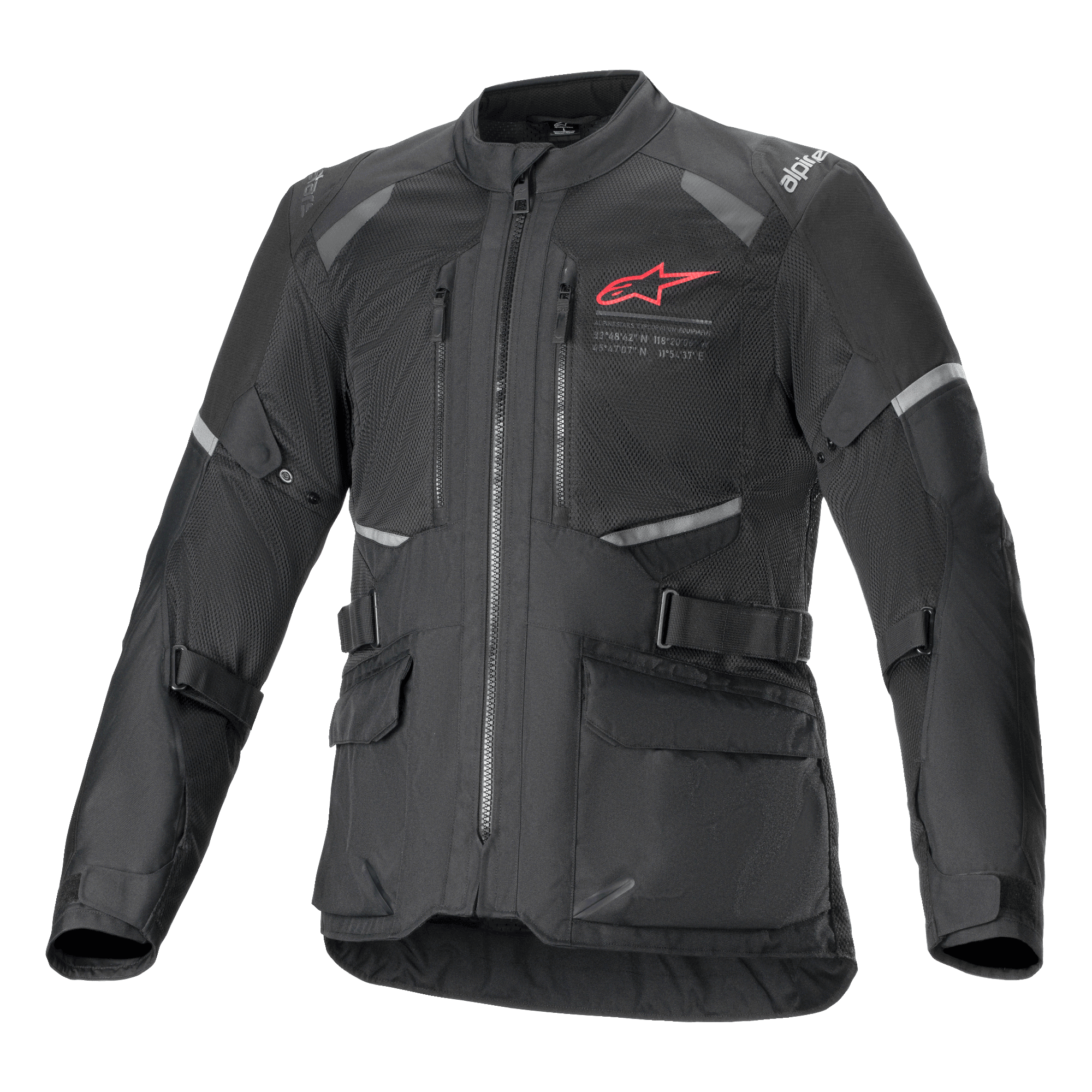 Alpinestars Andes Air Drystar Jacket, Black Adventure Touring Motorcycle Jacket, front view, featuring extensive mesh ventilation panels, a red Alpinestars logo on the chest, reflective accents, and front cargo pockets.