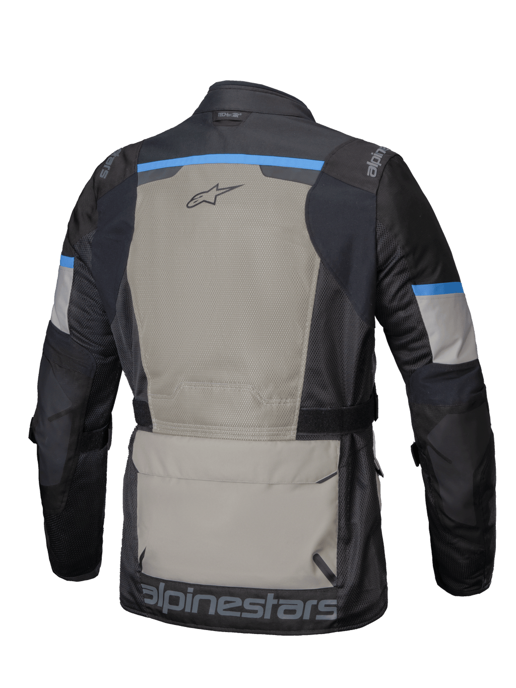 Alpinestars Andes Air Drystar Jakke, herre-motorcykel touringjakke set bagfra, sort, laurbærgrå og klar blå med omfattende 2D-meshventilation, stor baglomme og CE-certificering