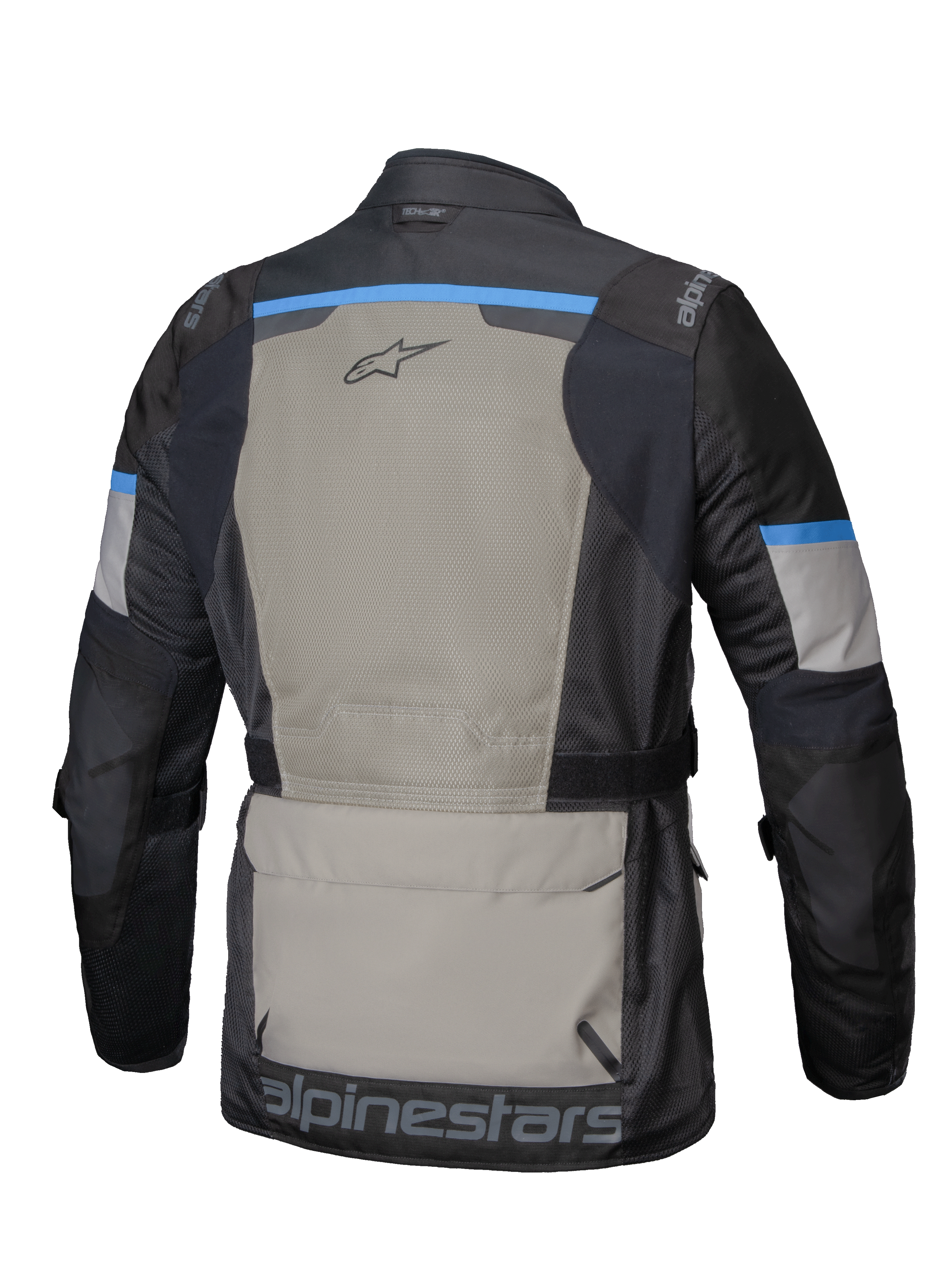 Alpinestars Andes Air Drystar Jakke, herre-motorcykel touringjakke set bagfra, sort, laurbærgrå og klar blå med omfattende 2D-meshventilation, stor baglomme og CE-certificering