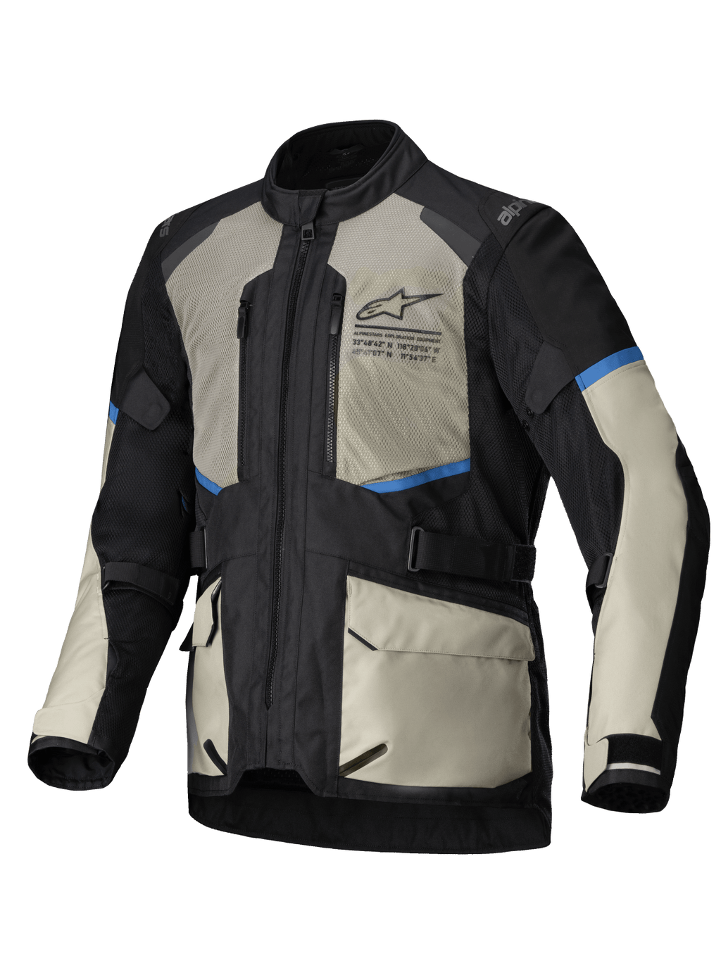 Alpinestars Andes Air Drystar Jakke, herre adventure touring motorcykeljakke, sort, laurbærgrå og klar blå, med omfattende mesh-ventilation, CE-certificeret beskyttelse og aftagelig vandtæt membran