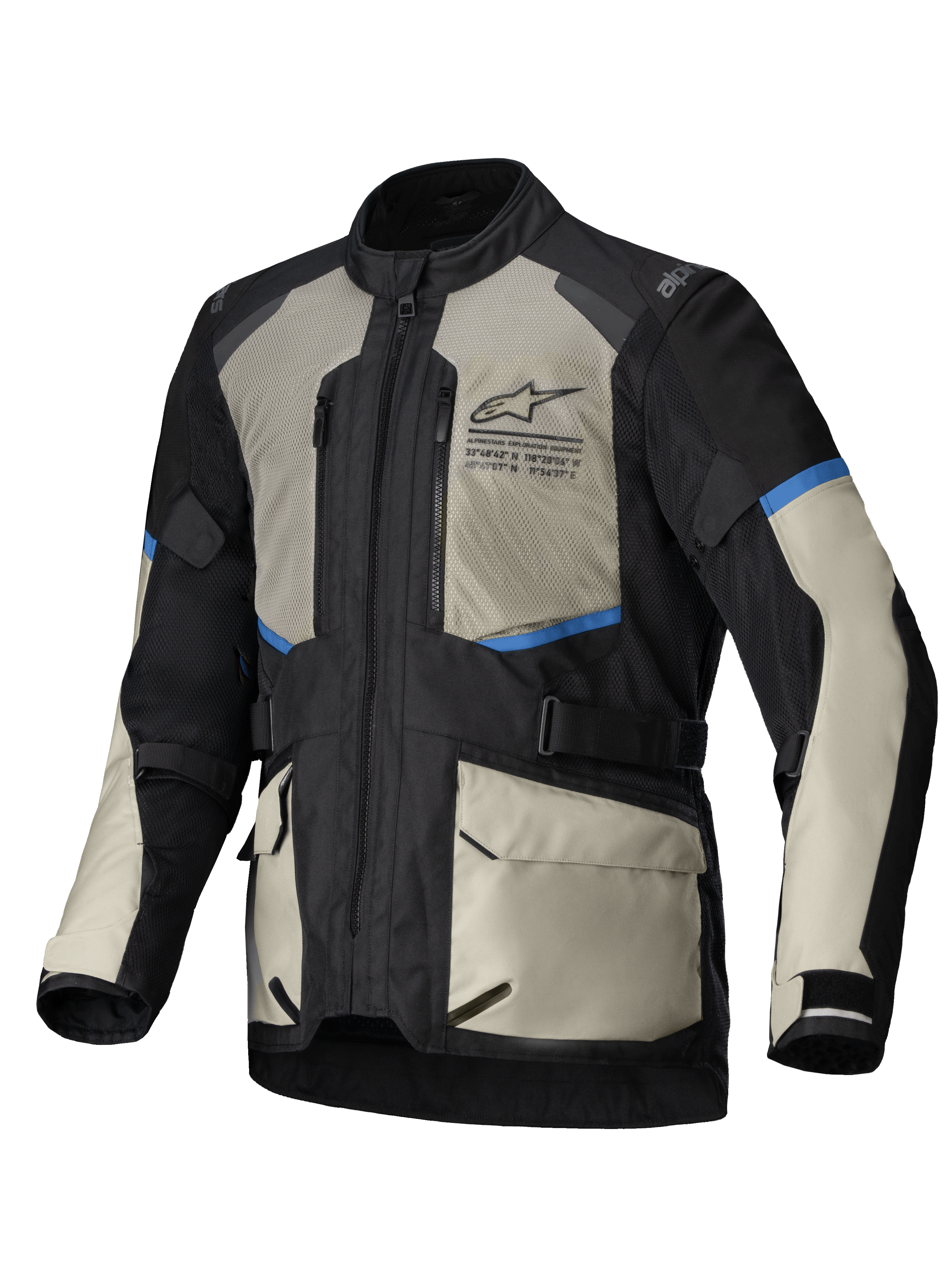 Alpinestars Andes Air Drystar Jakke, herre adventure touring motorcykeljakke, sort, laurbærgrå og klar blå, med omfattende mesh-ventilation, CE-certificeret beskyttelse og aftagelig vandtæt membran