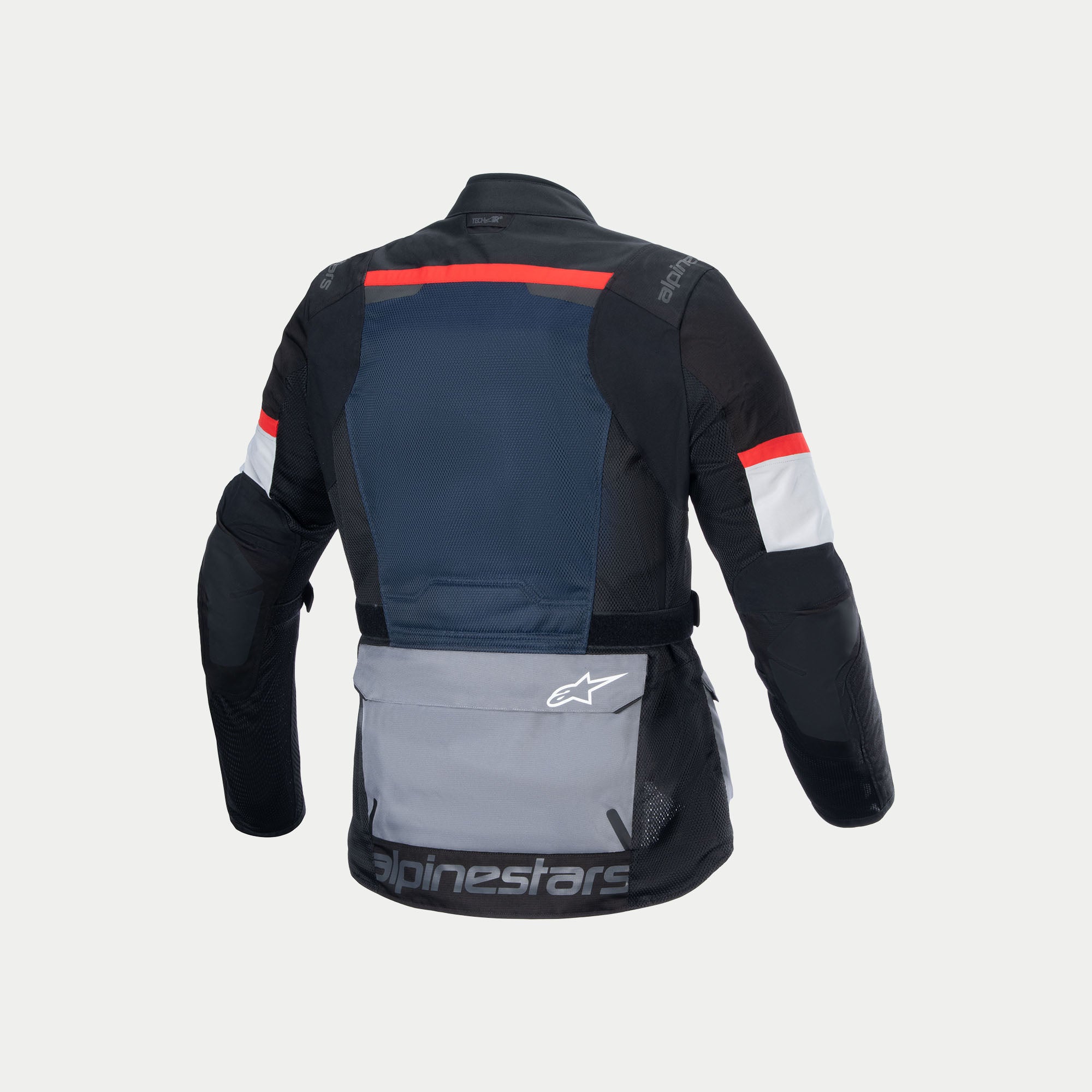 Alpinestars Andes Air Drystar Jacket, Adventure Touring Motorcycle Jacket for Men, Deep Blue, Black, and Ice Gray, featuring extensive 2D mesh ventilation panels and CE certification, rear view showing back protector pocket and lower pocket detail