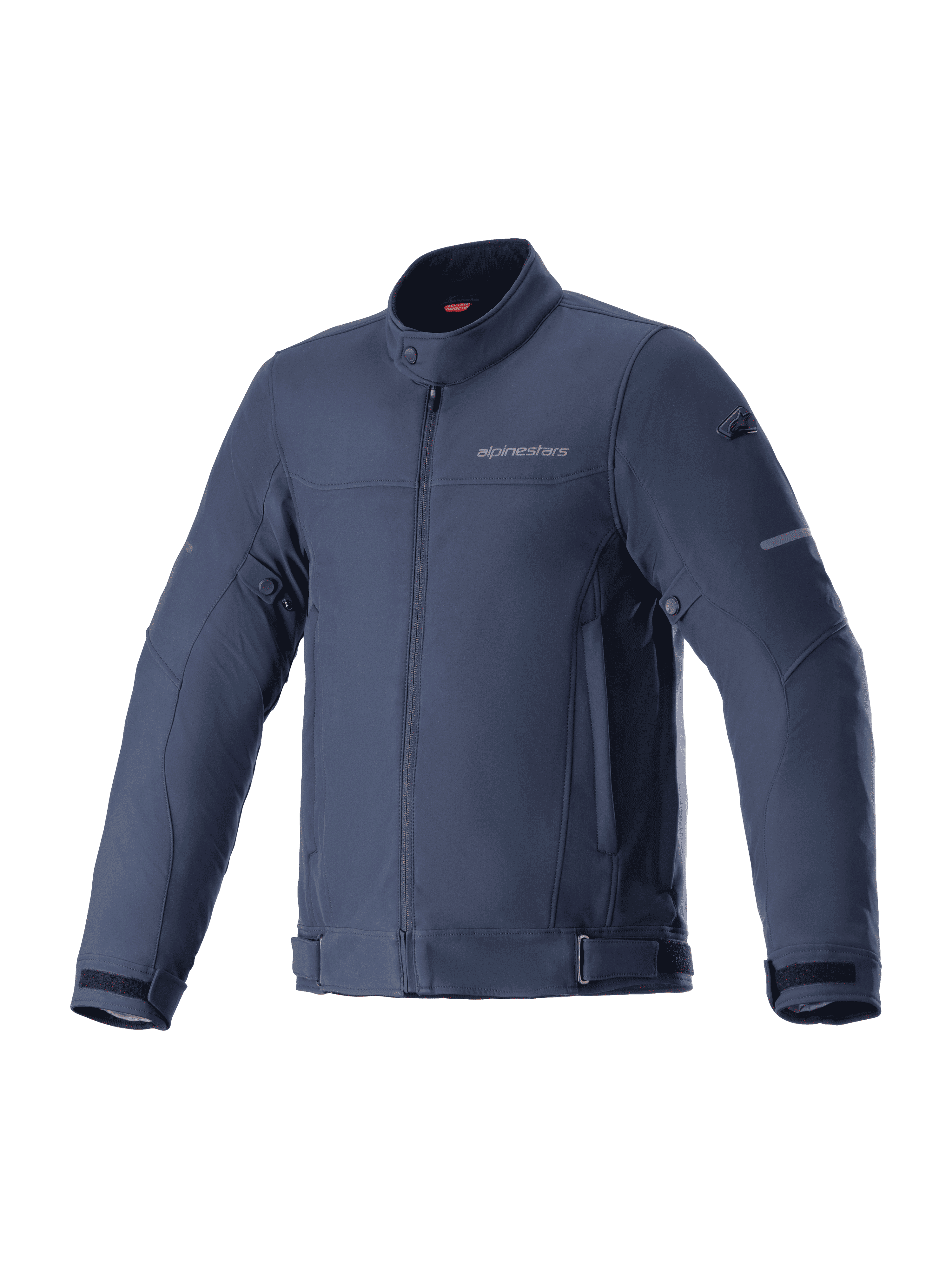 Alpinestars Husker vandtæt jakke, motorcykeljakke, Night Navy, mørkeblå stretch-softshell med høj krave og lynlås foran, justerbare stropper ved talje og ærmer, diskret branding på brystet, udstyr til bypendling og landevejskørsel