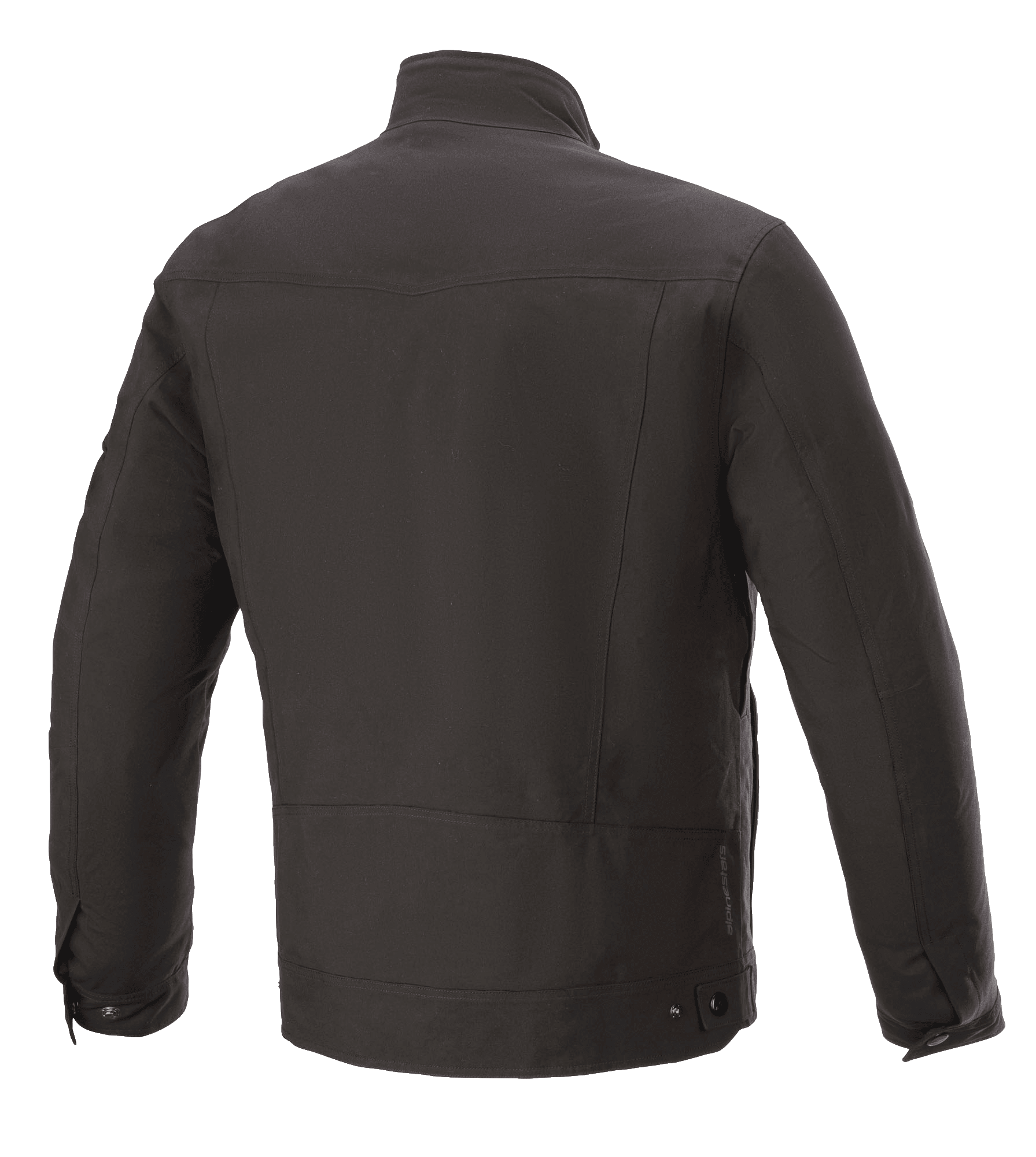 Alpinestars Solano Waterproof Jacket, sort, set bagfra, afslappet urban motorcykeljakke, vandtæt tekstilkonstruktion, lige krave, subtil logodetalje nederst på ryggen