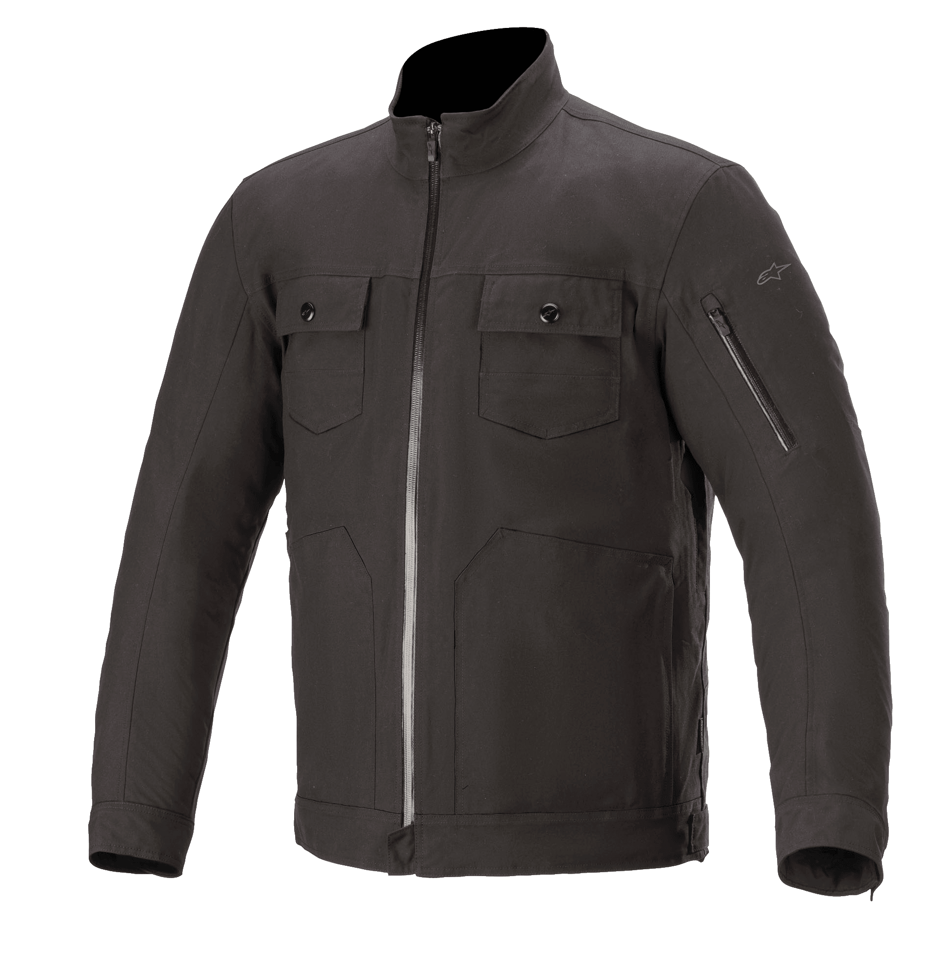 Alpinestars Solano Waterproof Jacket, urban motorcykeljakke, sort, høj lige krave med central vandtæt lynlås, to brystlommer med knaplukning, ærmelomme med lynlås, afslappet tekstilkonstruktion med en glat finish