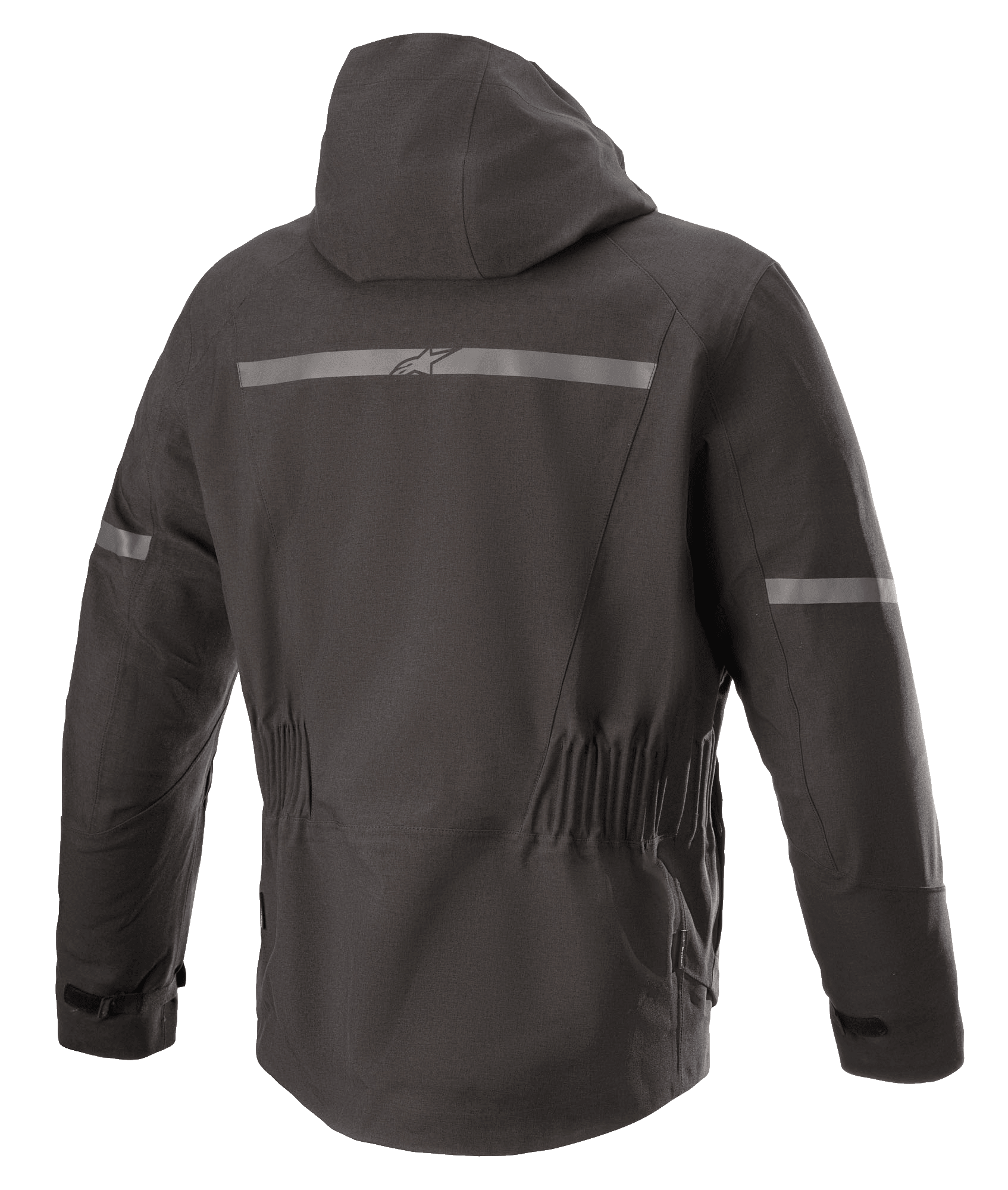 Alpinestars Sirius Drystar® Techshell jakke, motorcykeljakke, Melange Black, set bagfra med integreret hætte, refleksstribe med Alpinestars-logo, elastisk talje og forlænget ryg for dækning under kørsel.