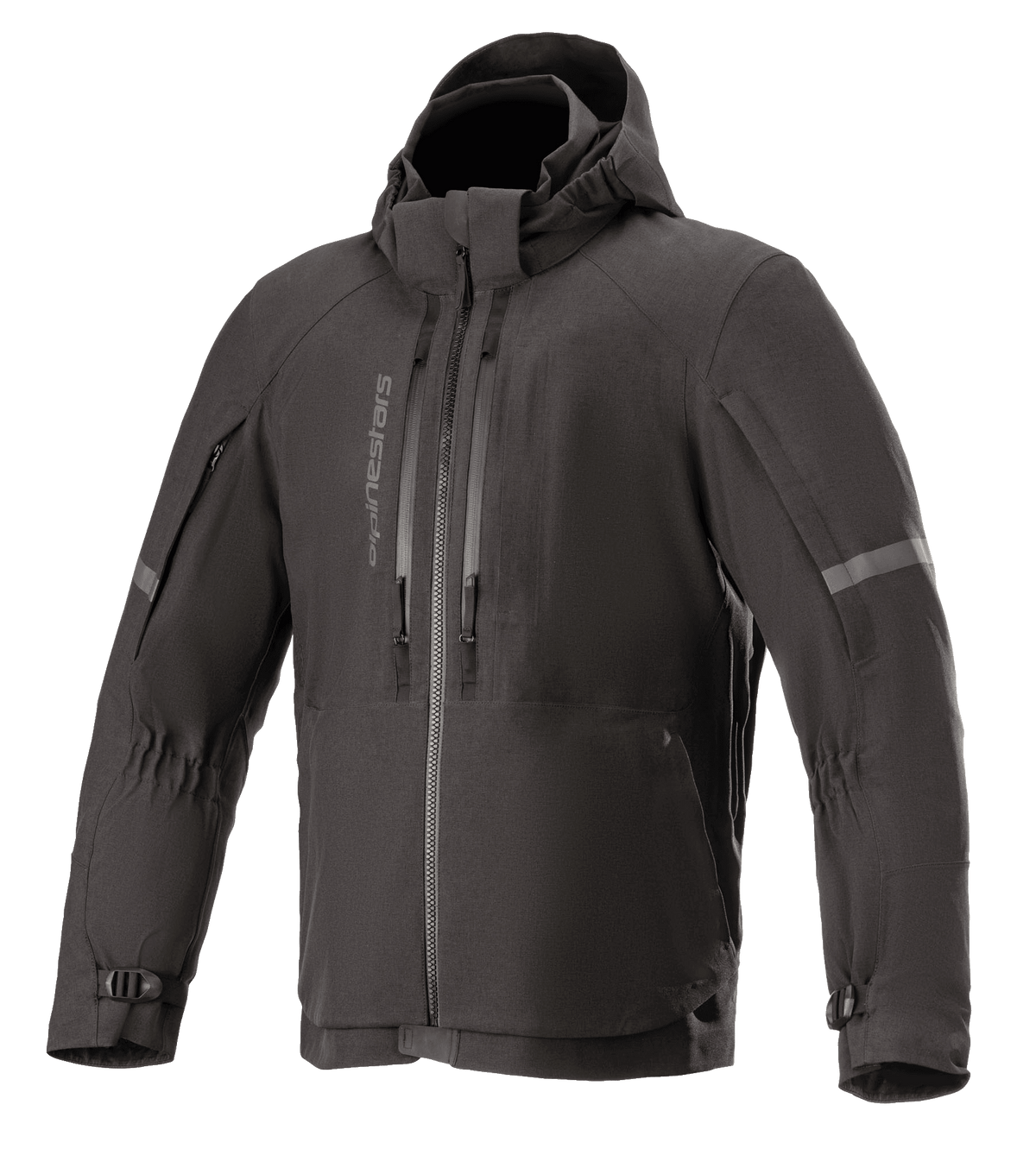 Alpinestars Sirius Drystar Techshell-jakke, vandtæt motorcykeljakke, Melange Black, tekstildesign med hætte og lodrette brystlynlåse, refleksstriber på ærmerne og justerbare manchetter med spænder
