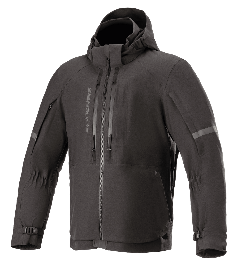 Alpinestars Sirius Drystar Techshell-jakke, vandtæt motorcykeljakke, Melange Black, tekstildesign med hætte og lodrette brystlynlåse, refleksstriber på ærmerne og justerbare manchetter med spænder