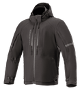 Alpinestars Sirius Drystar Techshell-jakke, vandtæt motorcykeljakke, Melange Black, tekstildesign med hætte og lodrette brystlynlåse, refleksstriber på ærmerne og justerbare manchetter med spænder
