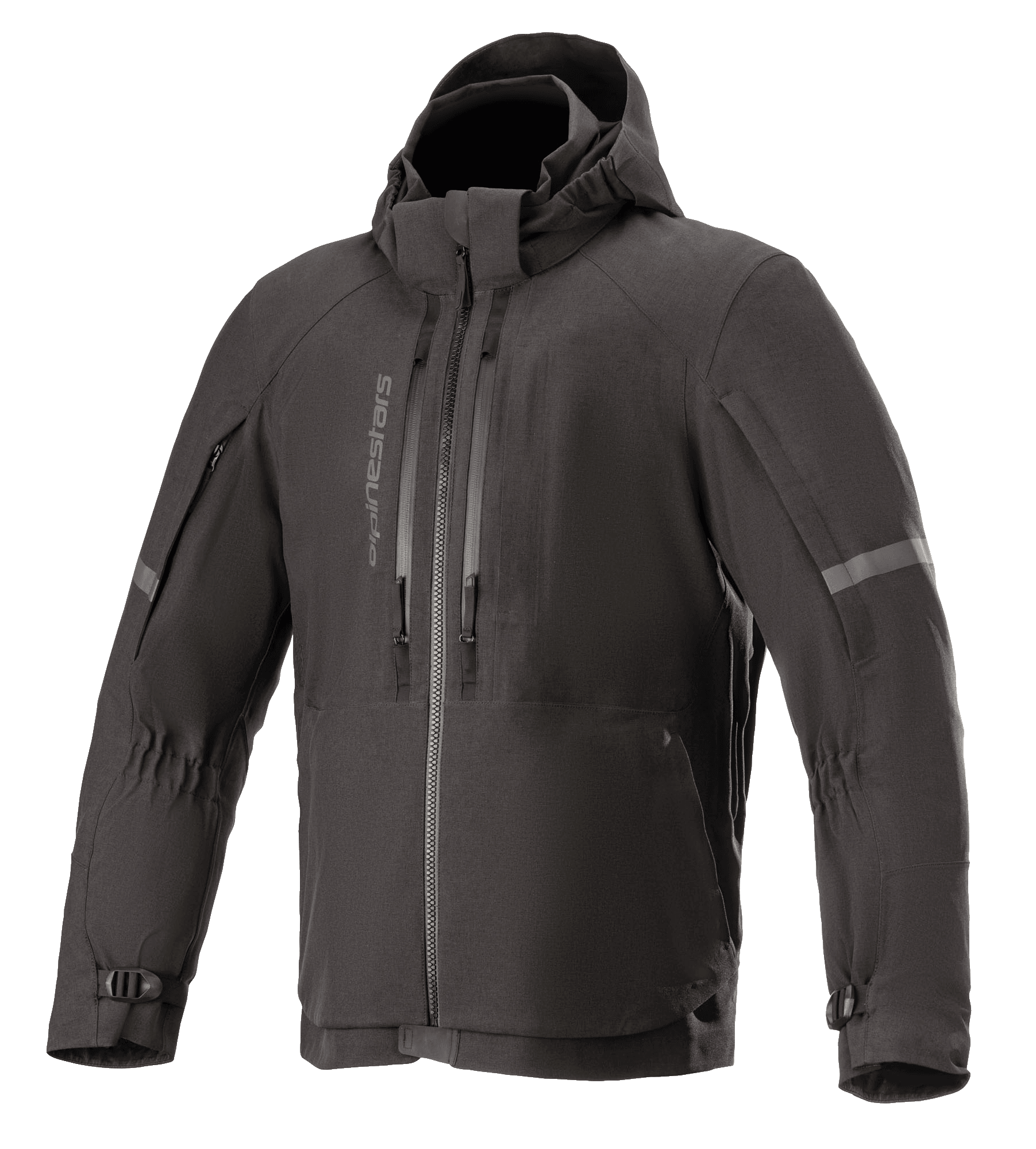 Alpinestars Sirius Drystar Techshell-jakke, vandtæt motorcykeljakke, Melange Black, tekstildesign med hætte og lodrette brystlynlåse, refleksstriber på ærmerne og justerbare manchetter med spænder