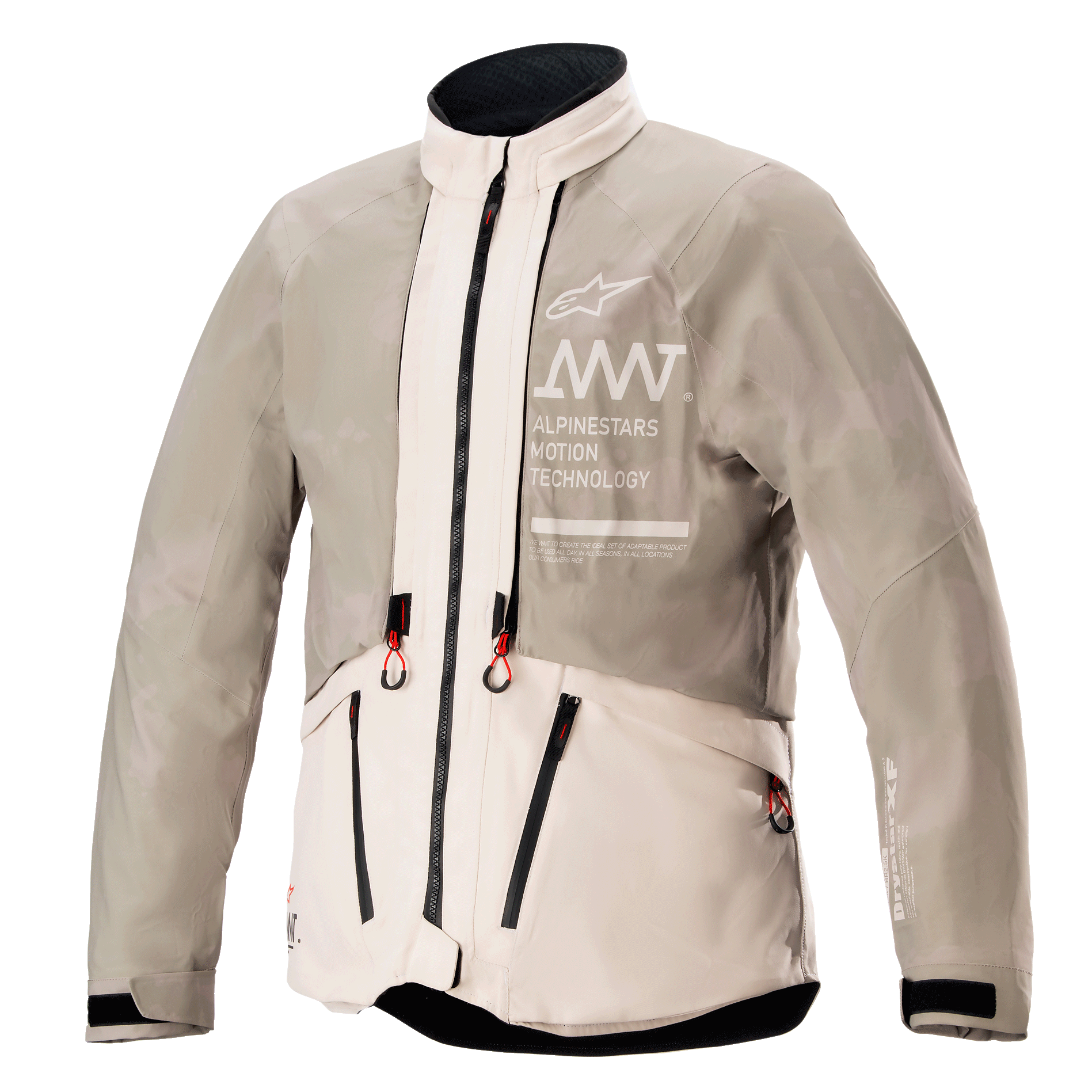 Alpinestars AMT-10LAB Drystar® XF-jakke, regnkonfiguration, White Sand Aluminum Camo, vandtæt tekstil-adventurejakke med AMT-branding på brystet og lynlåshåndtag med røde spidser.