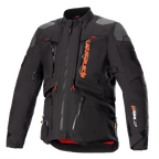 Alpinestars AMT-10R Drystar XF jakke, sort og orange, adventure- og touringjakke til motorcykel, grå skulderpaneler, flere lynlåse med orange trækstropper, justerbare stropper, rødt inderfor, teknisk beskyttelsesudstyr