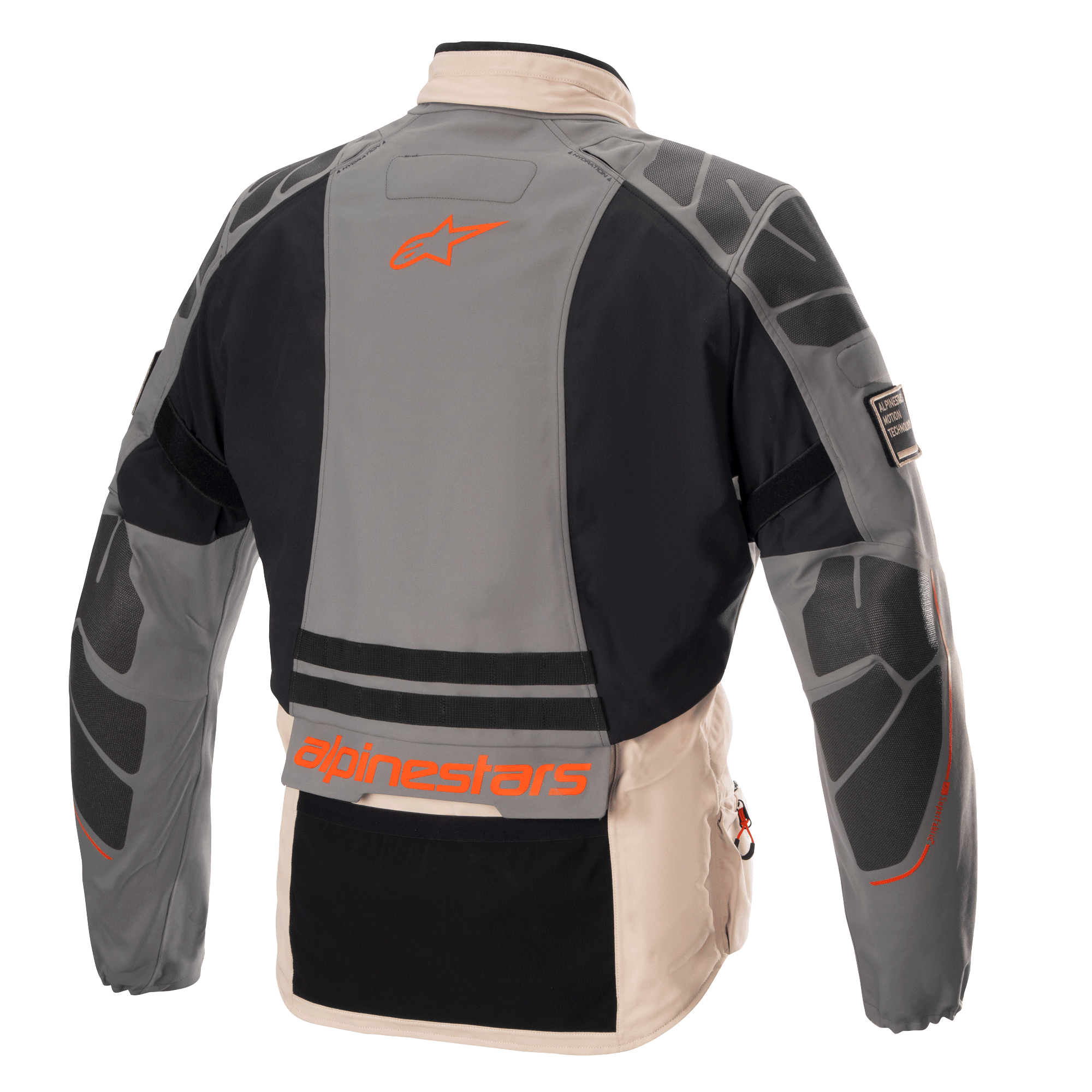 Alpinestars AMT-10R Drystar® XF jakke, adventure motorcykeljakke, Fur Gray, Pale Brown og Spicy Orange, set bagfra med beskyttende forstærkninger på skuldre og albuer, orange Alpinestars-logo og branding, modulært tekstildesign til al slags vejr