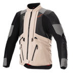 Alpinestars AMT-10R Drystar XF jakke i heat-konfiguration, adventure-motorcykeljakke, Fur Gray og Pale Brown med sorte mesh-paneler, modulært design for maksimal luftgennemstrømning, flere utility-lommer og Spicy Orange Alpinestars-logo på brystet