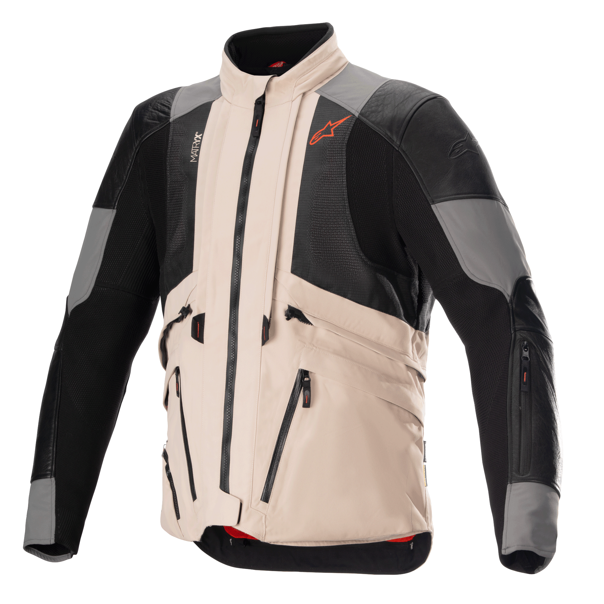 Alpinestars AMT-10R Drystar XF jakke i heat-konfiguration, adventure-motorcykeljakke, Fur Gray og Pale Brown med sorte mesh-paneler, modulært design for maksimal luftgennemstrømning, flere utility-lommer og Spicy Orange Alpinestars-logo på brystet