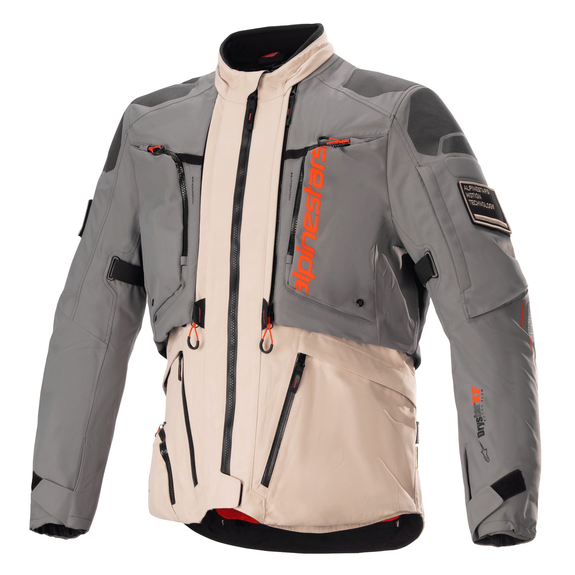 Alpinestars AMT-10R Drystar XF-jakke, adventure touring motorcykeljakke, grå og beige med orange detaljer, modulær tekstilkonstruktion med lynlåse foran, forstærkede skulder- og albuepaneler og høj krave, professionelt beskyttende køreudstyr