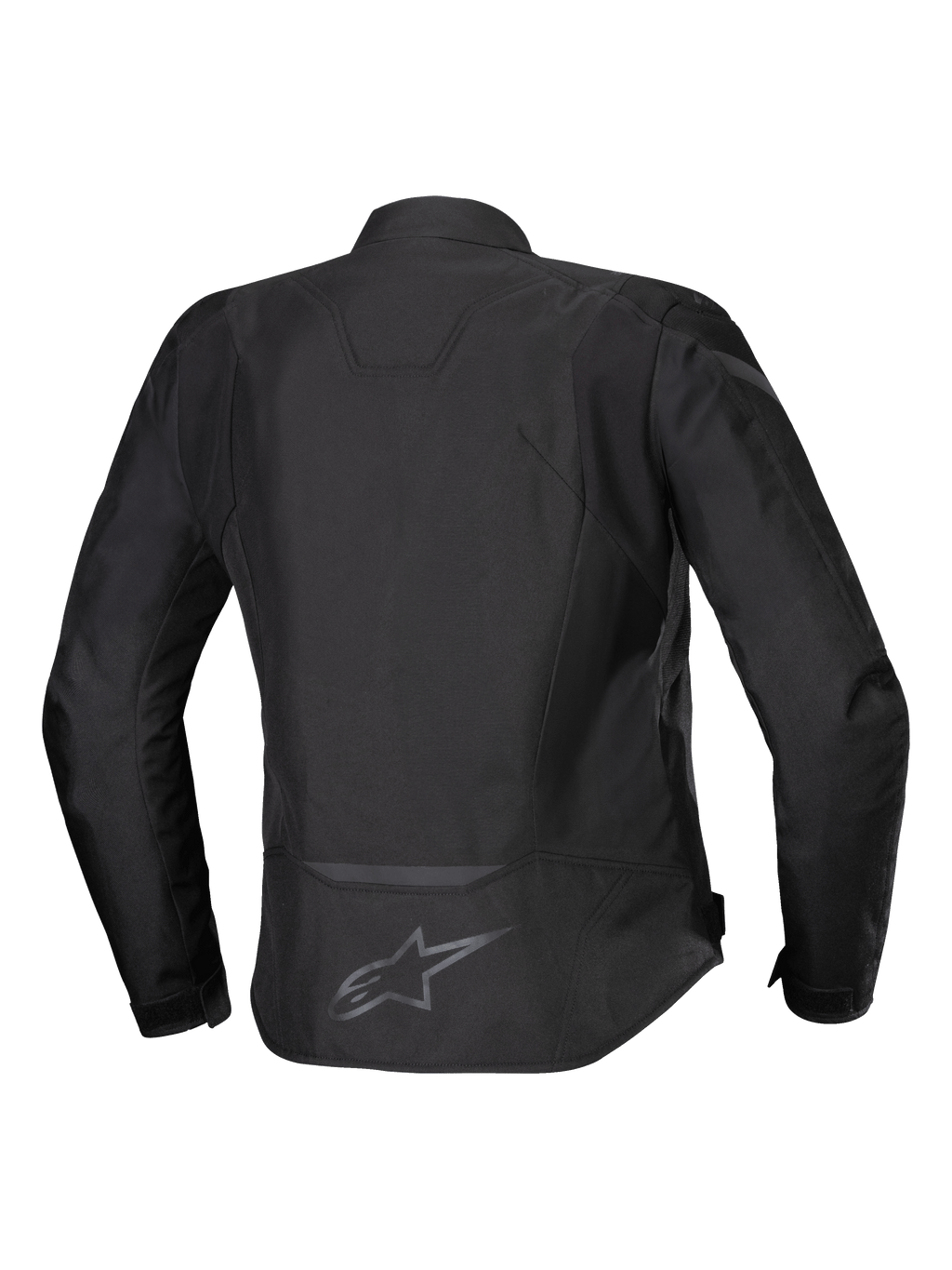 Alpinestars Stella T-Jaws V4 vandtæt jakke, tekstil motorcykeljakke til kvinder, sort på sort, set bagfra, ergonomisk sports-silhuet, reflekterende detaljer og logo på den nederste del af ryggen.
