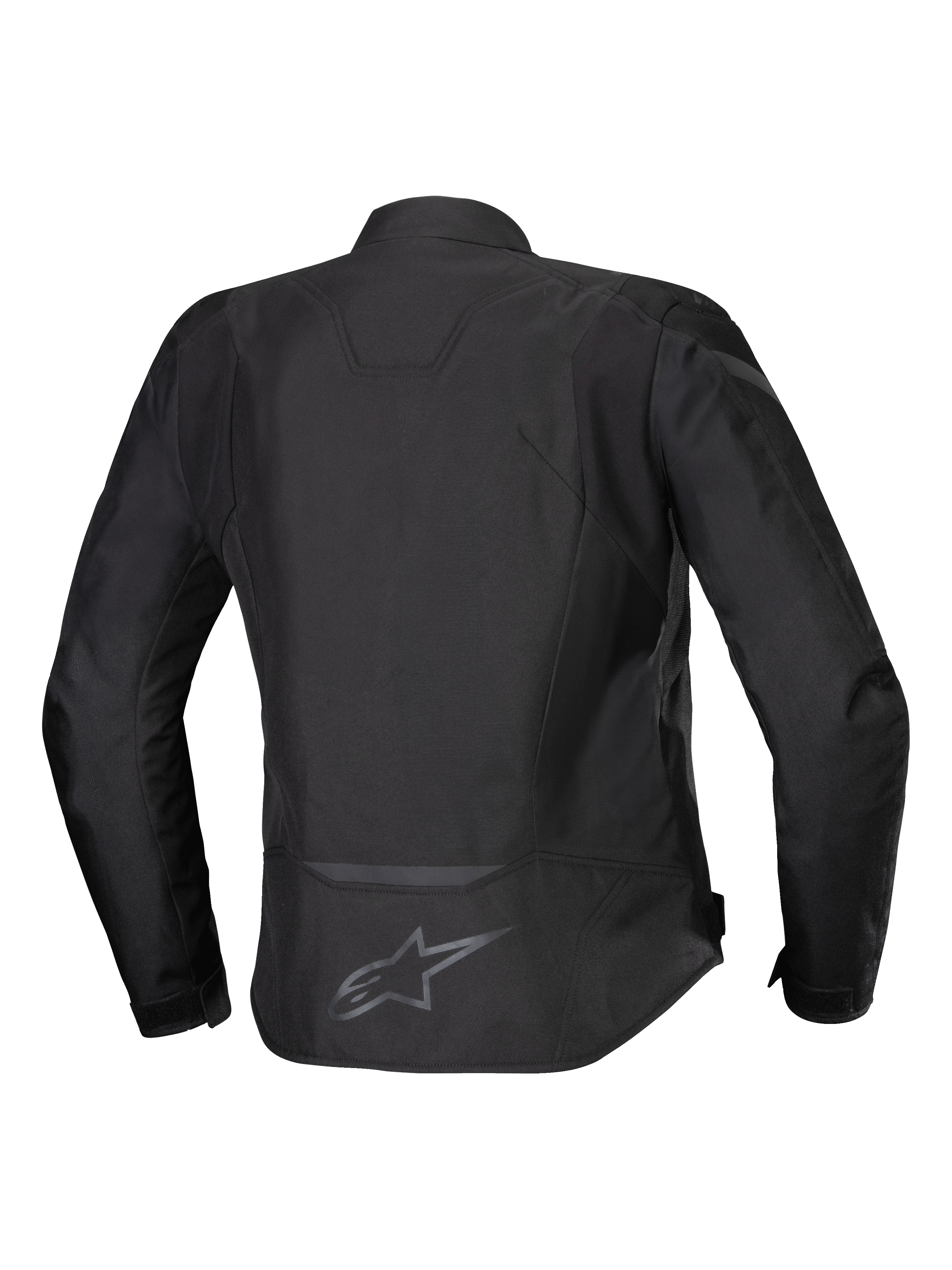 Alpinestars Stella T-Jaws V4 vandtæt jakke, tekstil motorcykeljakke til kvinder, sort på sort, set bagfra, ergonomisk sports-silhuet, reflekterende detaljer og logo på den nederste del af ryggen.