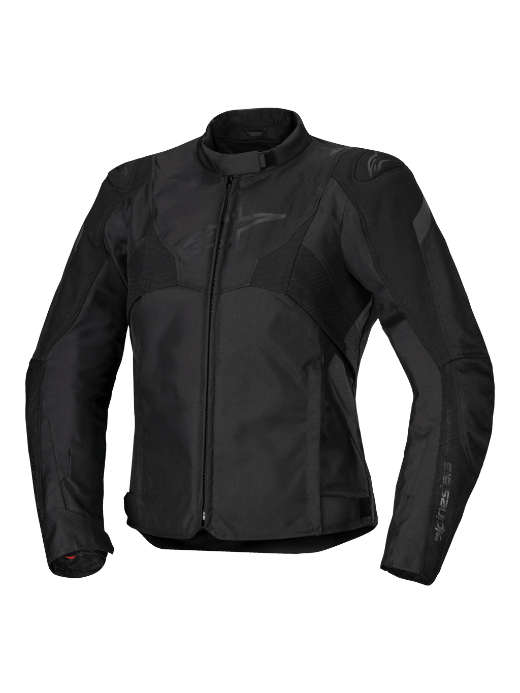Alpinestars Stella T-Jaws V4 vandtæt jakke, dame motorcykeljakke, sort på sort, lynlåslukning foran, ergonomisk krave, diskret Alpinestars-logo på brystet, holdbar tekstilkonstruktion med racer-inspireret sportspasform