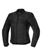 Alpinestars Stella T-Jaws V4 vandtæt jakke, dame motorcykeljakke, sort på sort, lynlåslukning foran, ergonomisk krave, diskret Alpinestars-logo på brystet, holdbar tekstilkonstruktion med racer-inspireret sportspasform