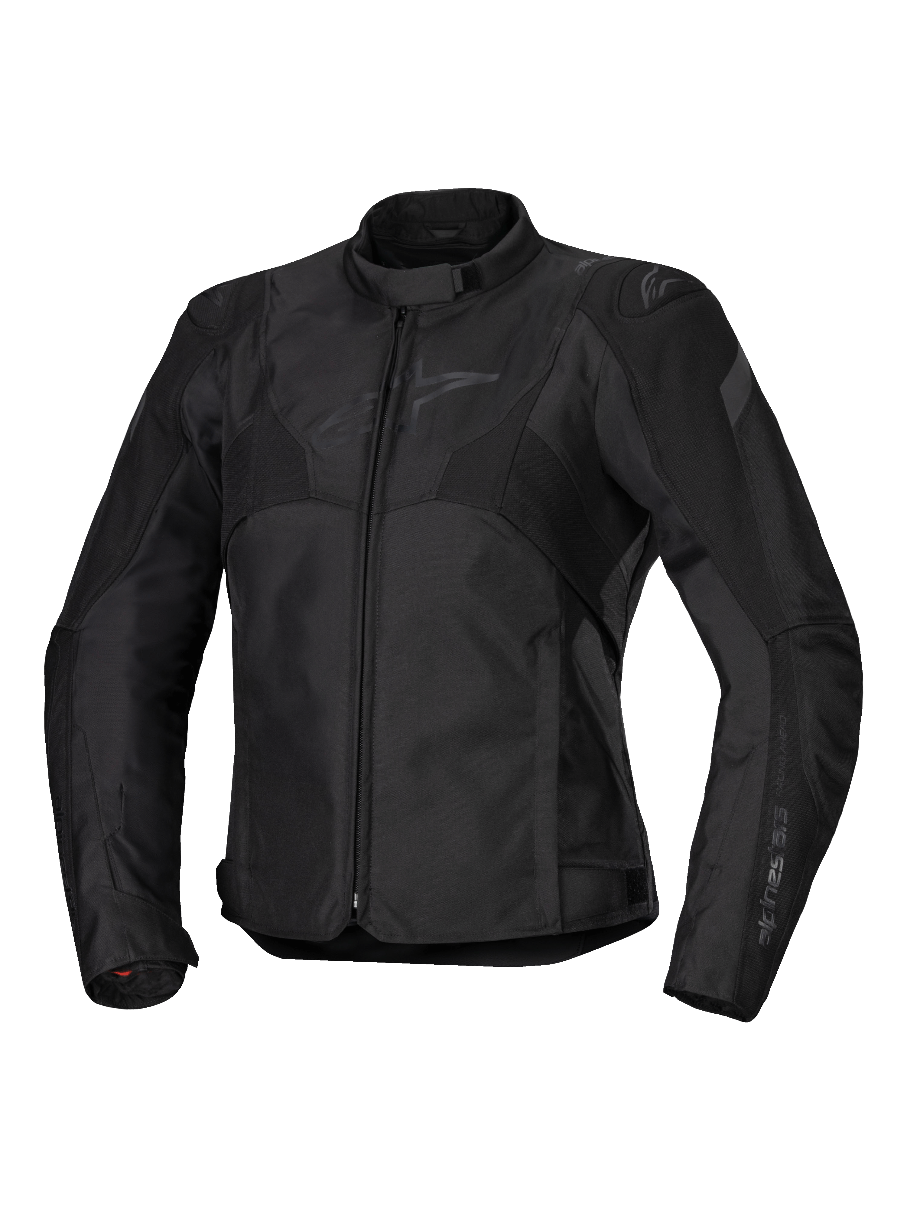 Alpinestars Stella T-Jaws V4 vandtæt jakke, dame motorcykeljakke, sort på sort, lynlåslukning foran, ergonomisk krave, diskret Alpinestars-logo på brystet, holdbar tekstilkonstruktion med racer-inspireret sportspasform