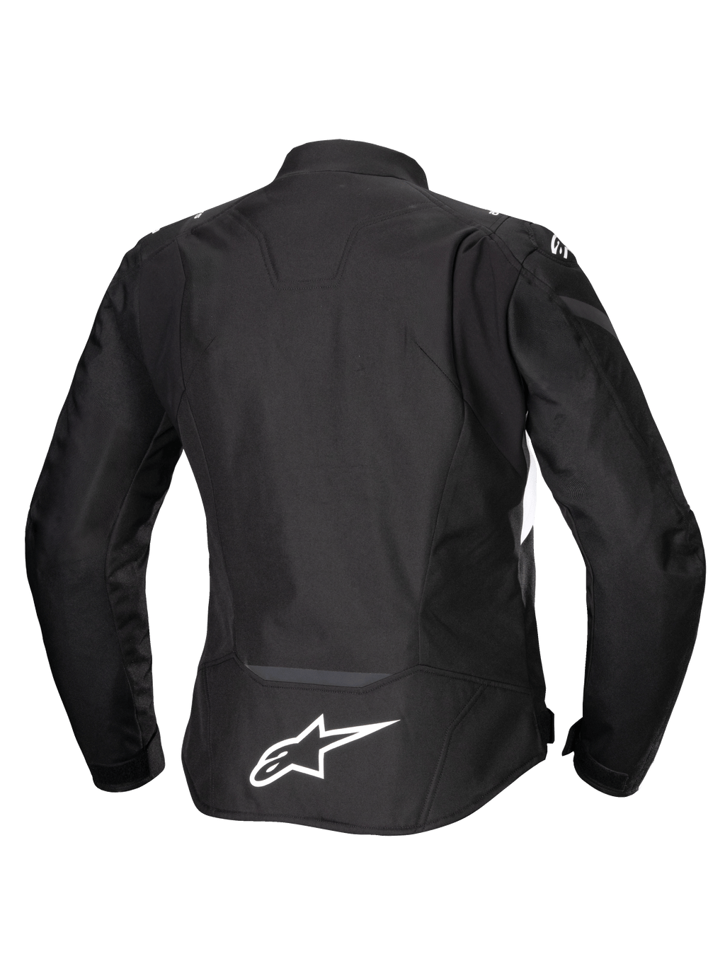 Alpinestars Stella T-Jaws V4 vandtæt jakke, motorcykeljakke til damer, sort med hvide detaljer, set bagfra med hvidt Alpinestars-logo nederst på ryggen, strømlinet sport-fit tekstildesign