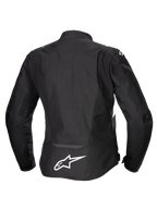 Alpinestars Stella T-Jaws V4 vandtæt jakke, motorcykeljakke til damer, sort med hvide detaljer, set bagfra med hvidt Alpinestars-logo nederst på ryggen, strømlinet sport-fit tekstildesign