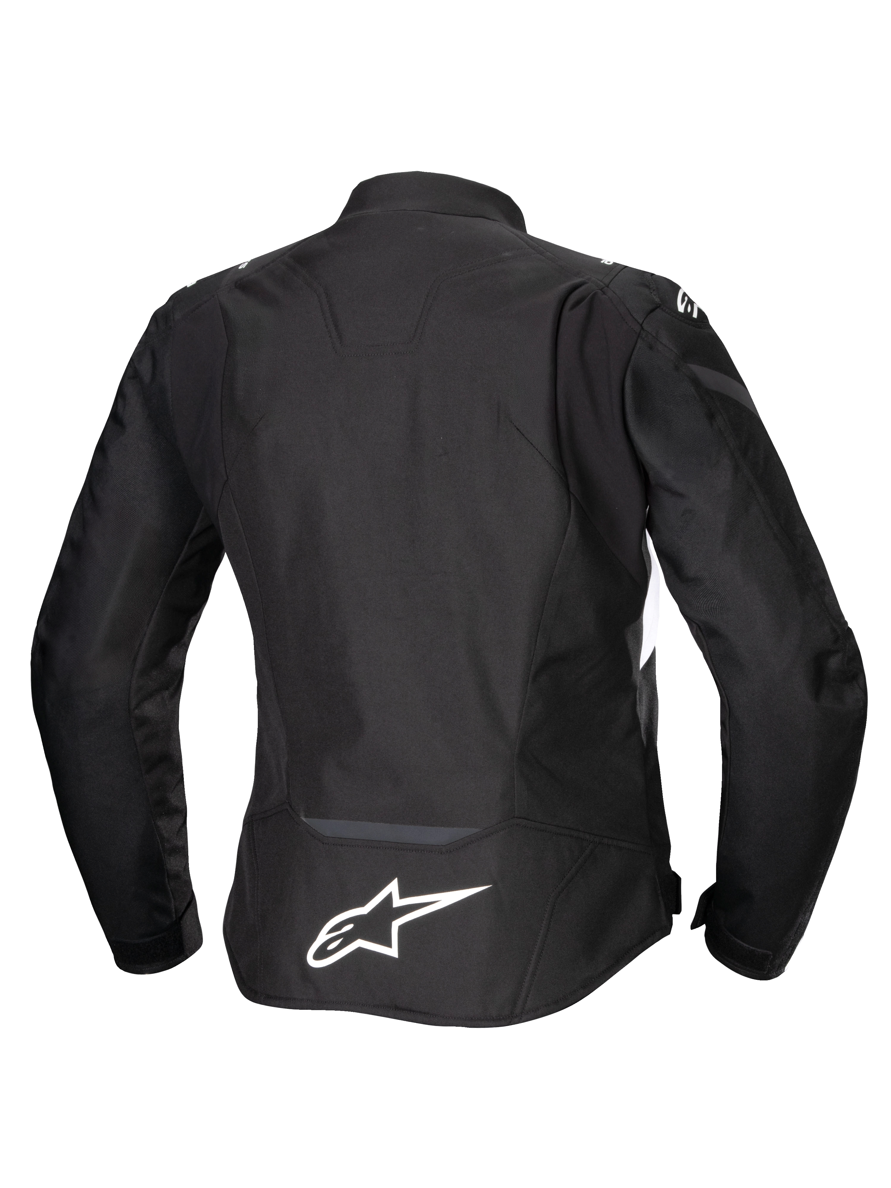 Alpinestars Stella T-Jaws V4 vandtæt jakke, motorcykeljakke til damer, sort med hvide detaljer, set bagfra med hvidt Alpinestars-logo nederst på ryggen, strømlinet sport-fit tekstildesign