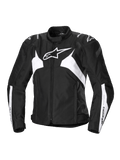 Alpinestars Stella T-Jaws V4 vandtæt jakke, sport-motorcykeljakke til damer, sort og hvid, med et fremtrædende hvidt stjernelogo på brystet, vinklede hvide paneler på torso og ærmer samt GP Lite-skulderforstærkninger i en tætsiddende 3D-sportsilhuet.