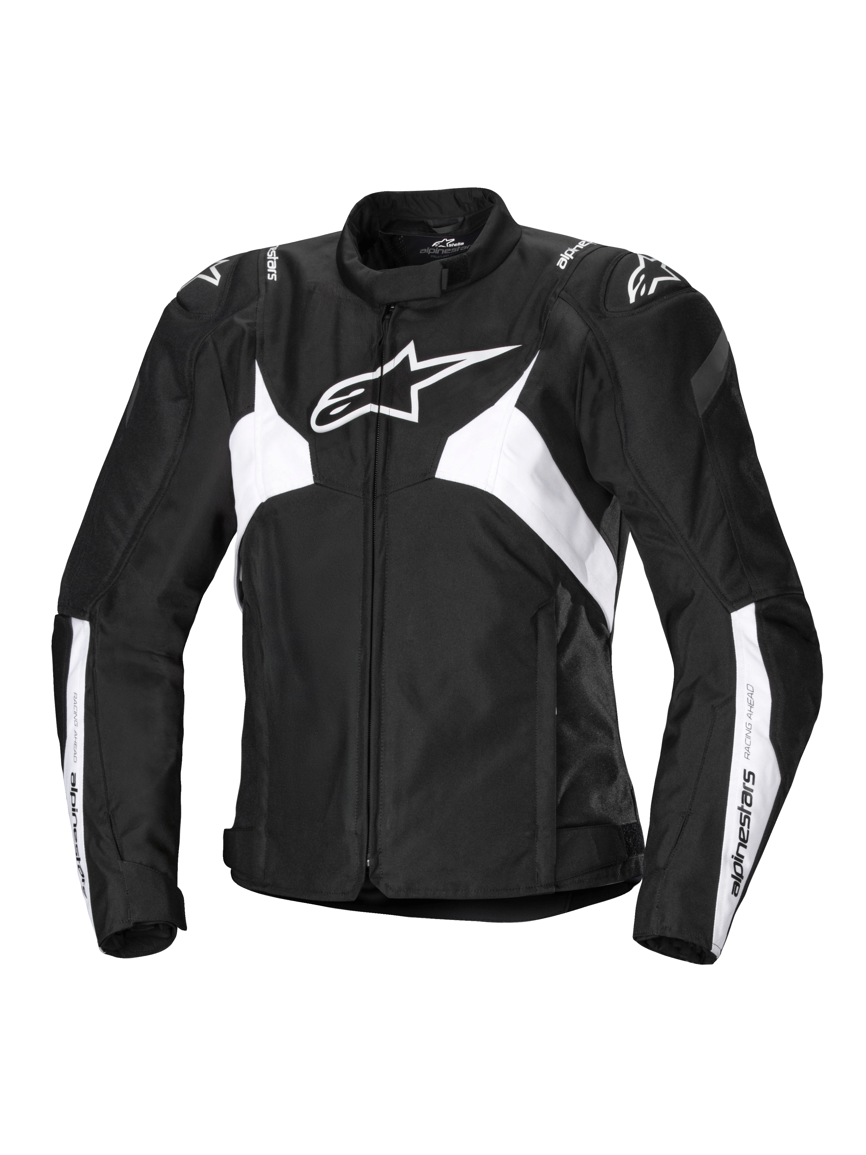 Alpinestars Stella T-Jaws V4 vandtæt jakke, sport-motorcykeljakke til damer, sort og hvid, med et fremtrædende hvidt stjernelogo på brystet, vinklede hvide paneler på torso og ærmer samt GP Lite-skulderforstærkninger i en tætsiddende 3D-sportsilhuet.