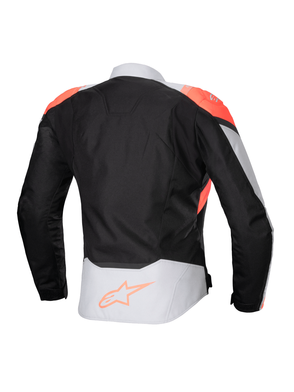 Alpinestars Stella T-Jaws V4 vandtæt jakke, motorcykeljakke til damer, sort, Ice Gray og Fluo Coral, set bagfra med fluorescerende koralfarvede skulderdetaljer og Alpinestars-logo på den nederste del af ryggen, teknisk tekstilkonstruktion til kørsel i al slags vejr