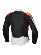 Alpinestars Stella T-Jaws V4 vandtæt jakke, motorcykeljakke til damer, sort, Ice Gray og Fluo Coral, set bagfra med fluorescerende koralfarvede skulderdetaljer og Alpinestars-logo på den nederste del af ryggen, teknisk tekstilkonstruktion til kørsel i al slags vejr