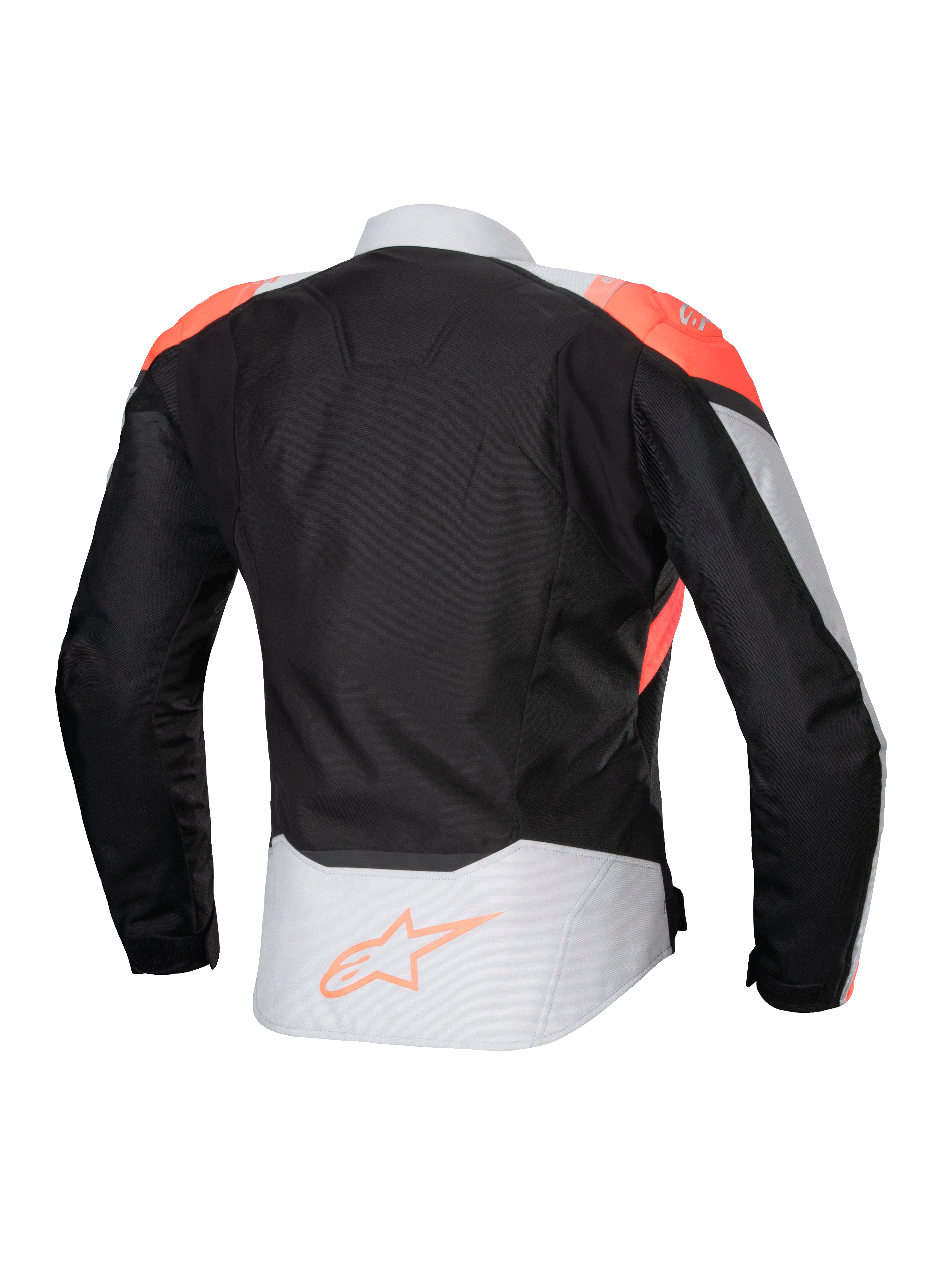 Alpinestars Stella T-Jaws V4 vandtæt jakke, motorcykeljakke til damer, sort, Ice Gray og Fluo Coral, set bagfra med fluorescerende koralfarvede skulderdetaljer og Alpinestars-logo på den nederste del af ryggen, teknisk tekstilkonstruktion til kørsel i al slags vejr