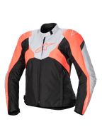 Alpinestars Stella T-Jaws V4 vandtæt jakke, sportstekstil-motorcykeljakke til damer, sort, isgrå og fluo coral, med høj krave, lynlås foran, kantede farveblokke og branding på bryst og ærmer