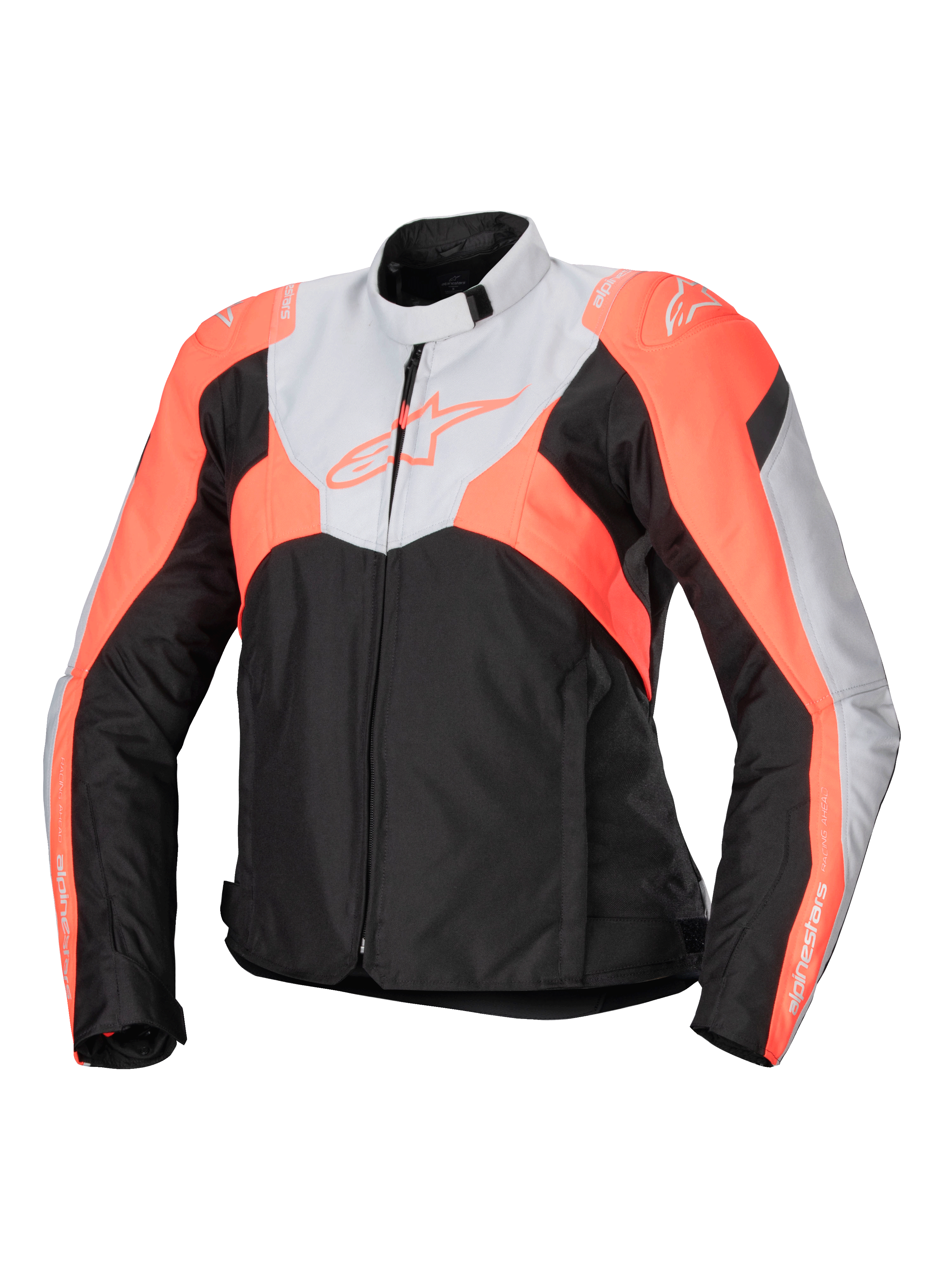 Alpinestars Stella T-Jaws V4 vandtæt jakke, sportstekstil-motorcykeljakke til damer, sort, isgrå og fluo coral, med høj krave, lynlås foran, kantede farveblokke og branding på bryst og ærmer