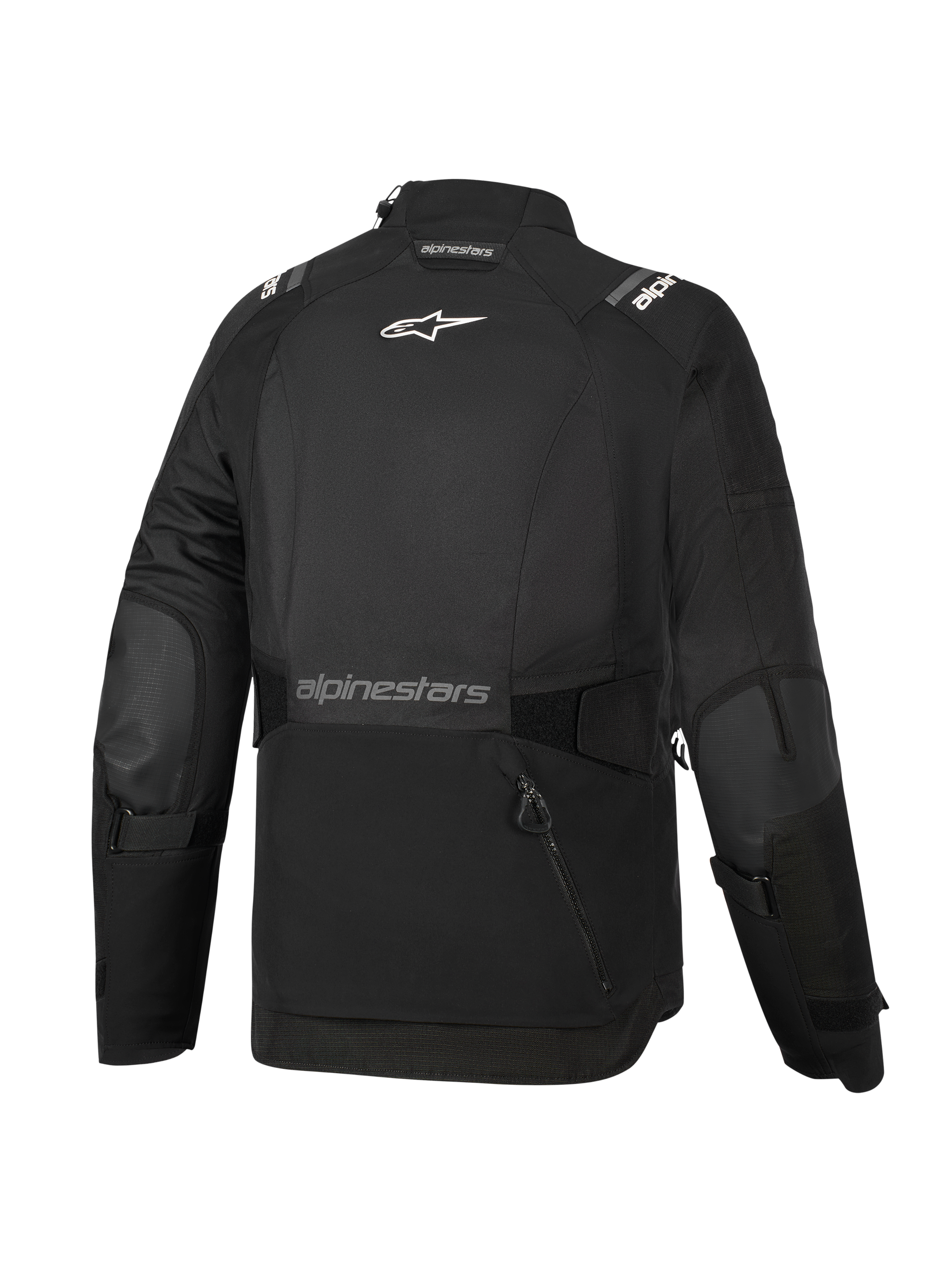 Alpinestars Stella Andes V4 Drystar® jakke til damer, sort, set bagfra, stor opbevaringslomme bagpå, hvidt Alpinestars-logo på øverste del af ryggen og tekstbranding på nederste del af ryggen, justerbare talje- og ærmeremme, holdbar adventure touring-tekstiljakke