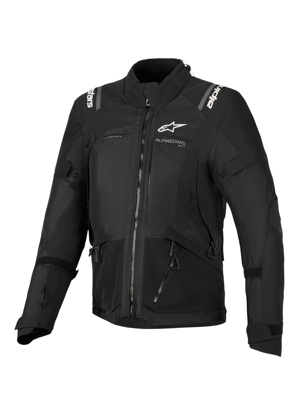 Alpinestars Stella Andes V4 Drystar® jakke, motorcykeljakke til kvinder, sort, set forfra med hvide logoer på brystet og skuldrene, multi-panel tekstildesign med lynlåse og reflekterende detaljer, adventure-touring stil
