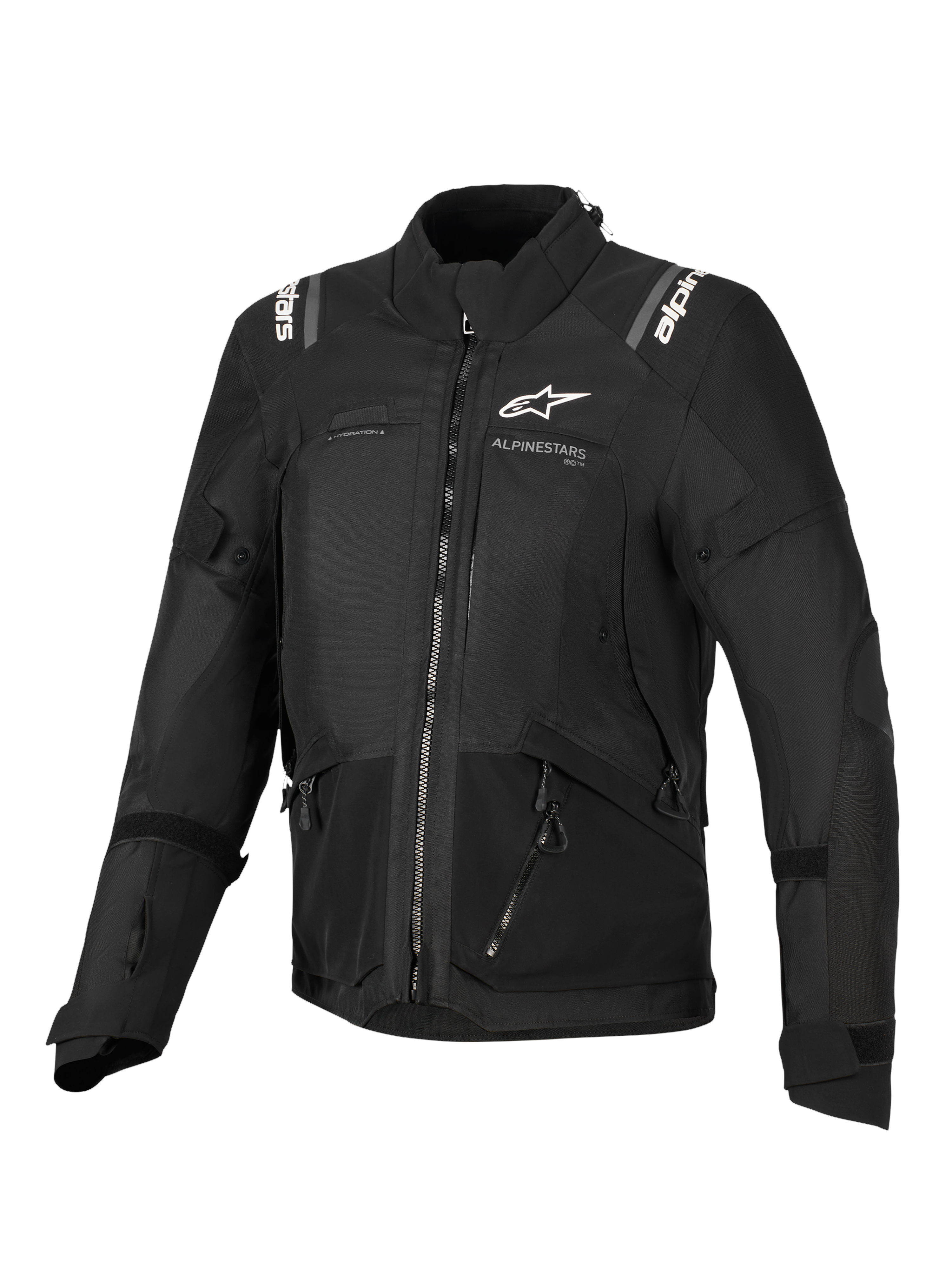 Alpinestars Stella Andes V4 Drystar® jakke, motorcykeljakke til kvinder, sort, set forfra med hvide logoer på brystet og skuldrene, multi-panel tekstildesign med lynlåse og reflekterende detaljer, adventure-touring stil