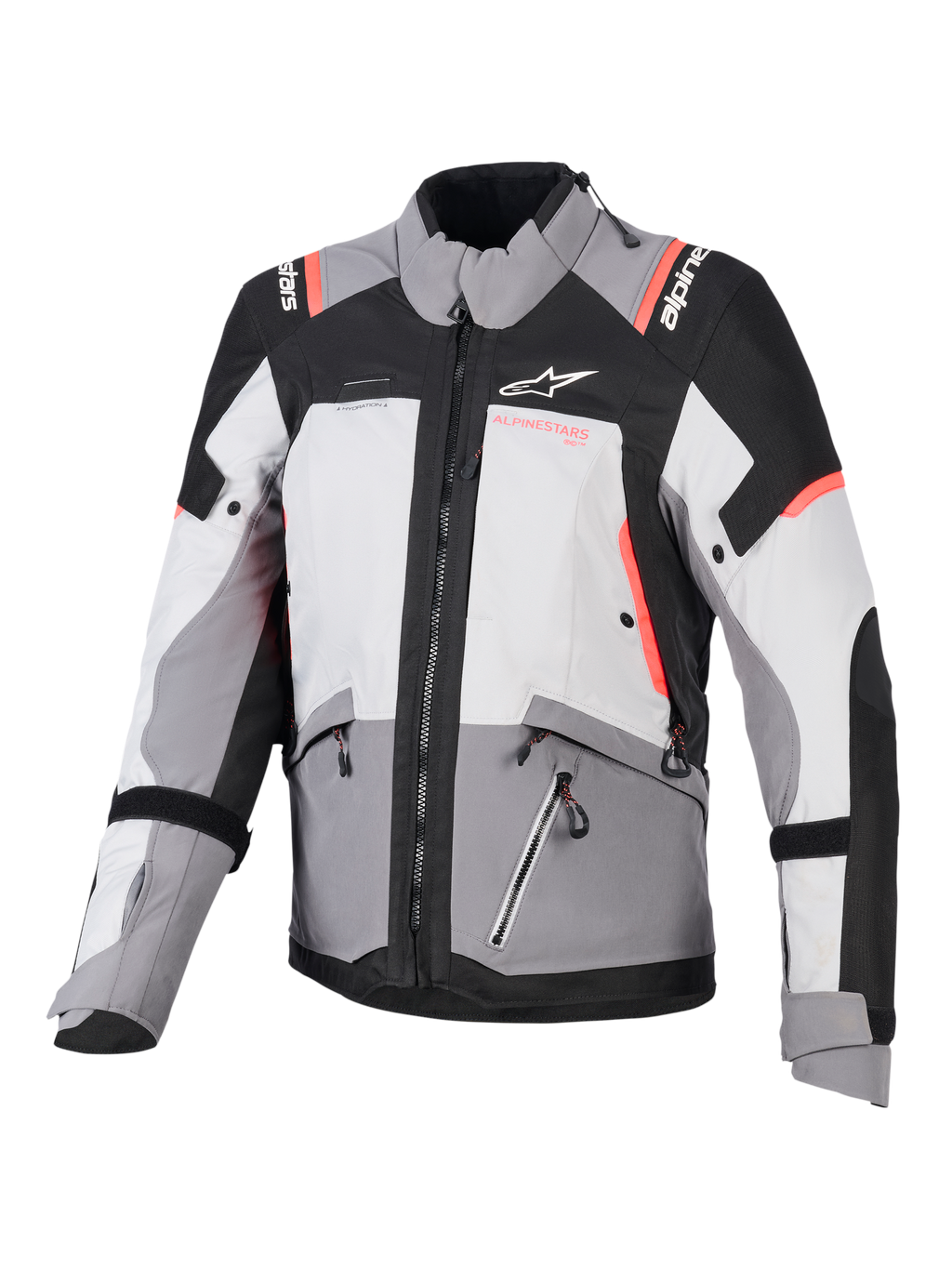 Alpinestars Stella Andes V4 Drystar® dame-motorcykeljakke, grå og sort med koralrøde detaljer, vandtæt adventuretekstil.