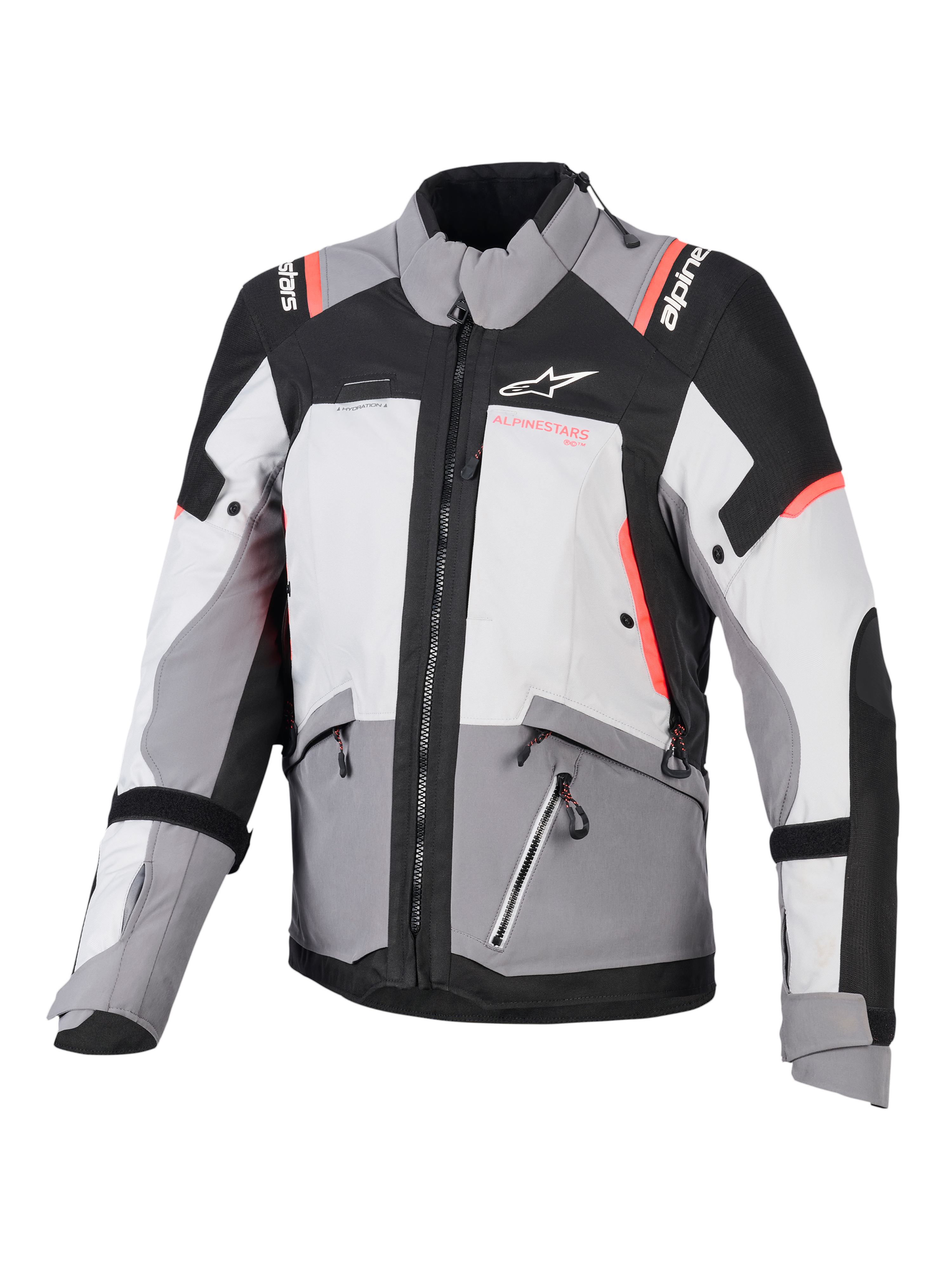 Alpinestars Stella Andes V4 Drystar® dame-motorcykeljakke, grå og sort med koralrøde detaljer, vandtæt adventuretekstil.