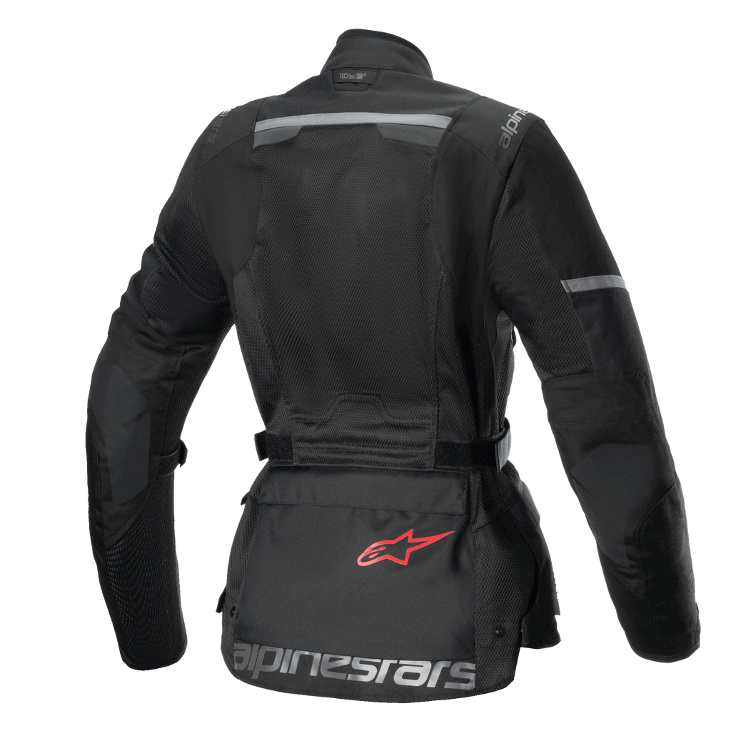 Alpinestars Stella Andes Air Drystar® Jakke, dametouringmotorcykeljakke set bagfra, sort, med omfattende meshpaneler og opbevaringslomme med rødt logo