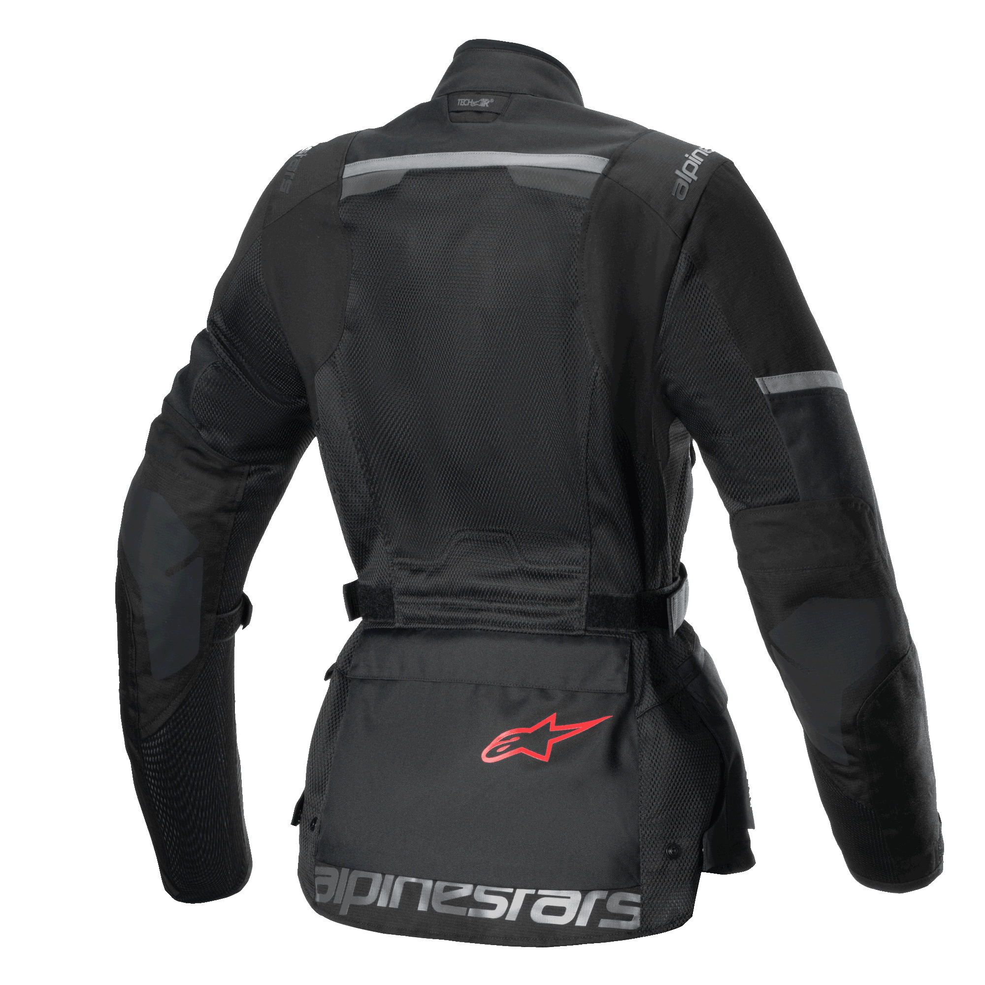 Alpinestars Stella Andes Air Drystar® Jakke, dametouringmotorcykeljakke set bagfra, sort, med omfattende meshpaneler og opbevaringslomme med rødt logo