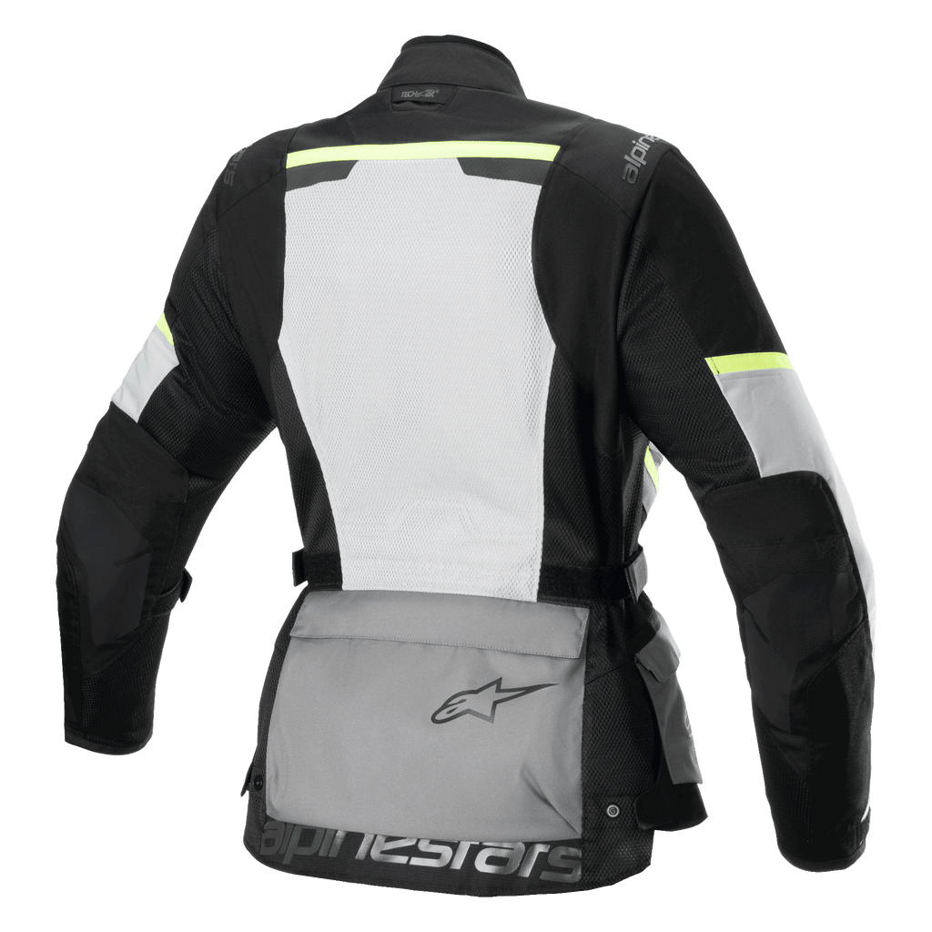 Alpinestars Stella Andes Air Drystar® jakke, touring-motorcykeljakke til damer, set bagfra, Ice Gray, Dark Gray og sort, med et stort hvidt mesh-rygpanel, grå opbevaringslomme bagpå med logo, gule hi-viz detaljer og tekstilkonstruktion for optimal luftstrøm og beskyttelse.