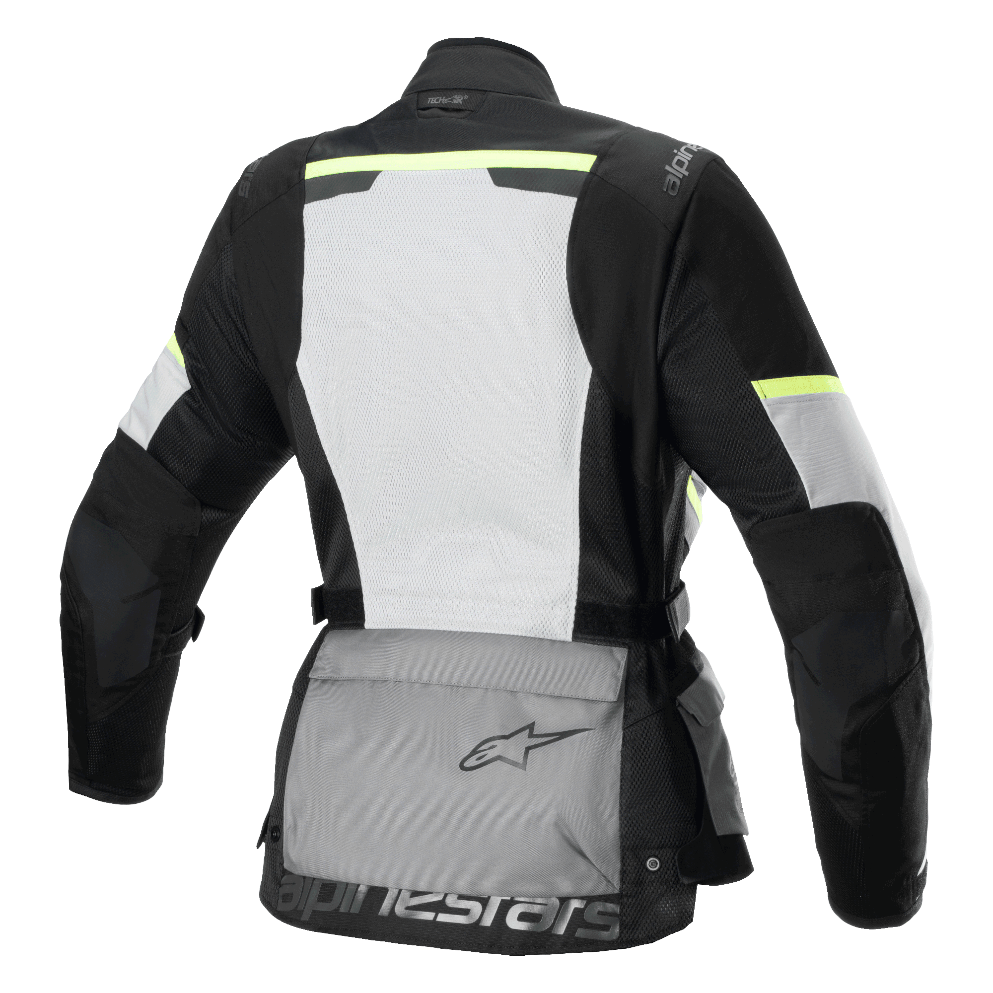 Alpinestars Stella Andes Air Drystar® jakke, touring-motorcykeljakke til damer, set bagfra, Ice Gray, Dark Gray og sort, med et stort hvidt mesh-rygpanel, grå opbevaringslomme bagpå med logo, gule hi-viz detaljer og tekstilkonstruktion for optimal luftstrøm og beskyttelse.